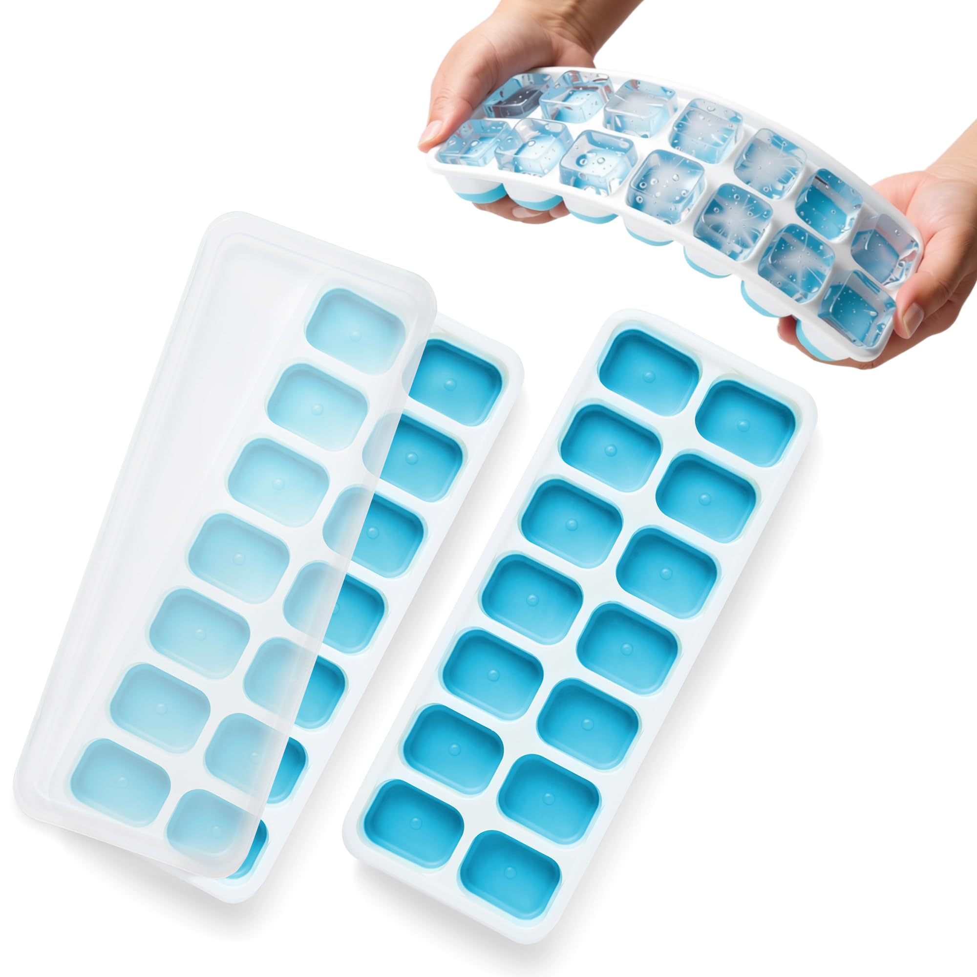 KEPLIN 2pk Silicone Ice Cube Trays with Non-Spill Lids, Easy to Remove Ice Cube Tray, LFGB Certified BPA Free, Flexible Silicone Ice Cube Moulds, Parties, Drinks, Cocktails & Frozen Liquids (2pk Blue)