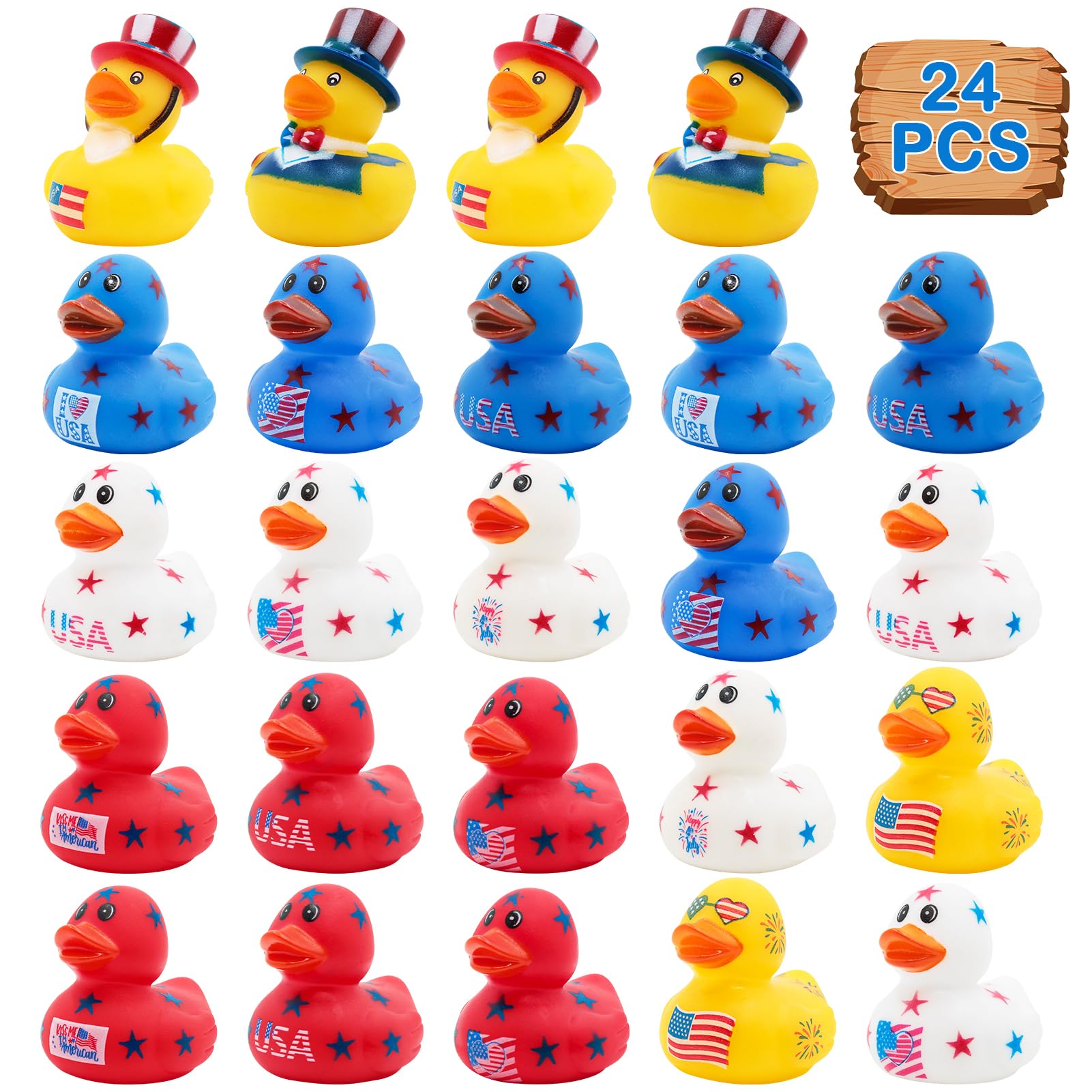 4th of July Rubber Ducks for Jeeps Ducking 24PCS Bulk Fourth of July Party Favors for Kids Bath Toys Pool Floater Patriotic Blue White Red Ducks