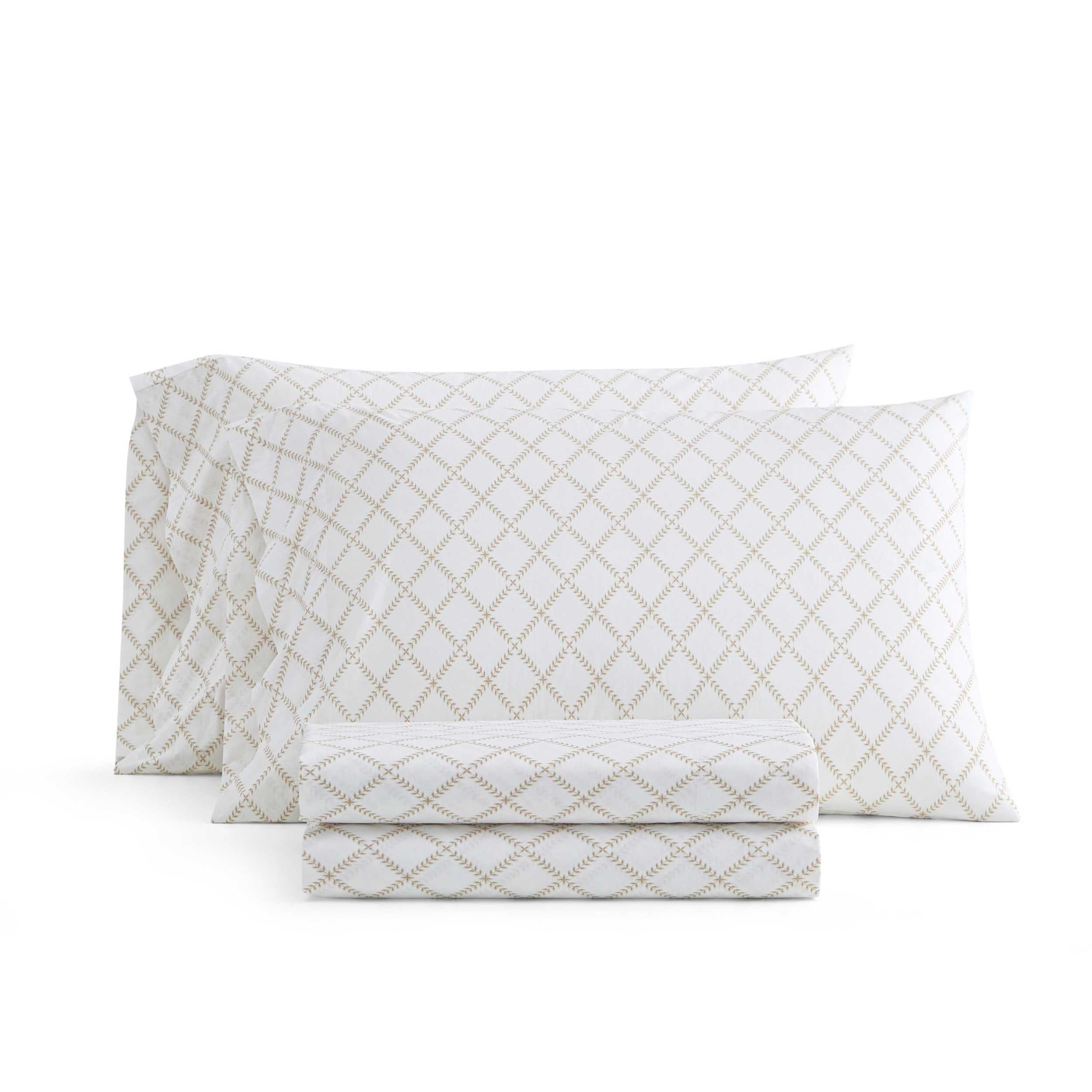 Martha Stewart - Queen Size Sheet Set, Crisp &amp; Tailored Sheets with a Smooth Cotton Percale Feel - Striped Bed Sheets with Matching Pillowcases &amp; Fitted Sheet (Leaf Trellis Beige)