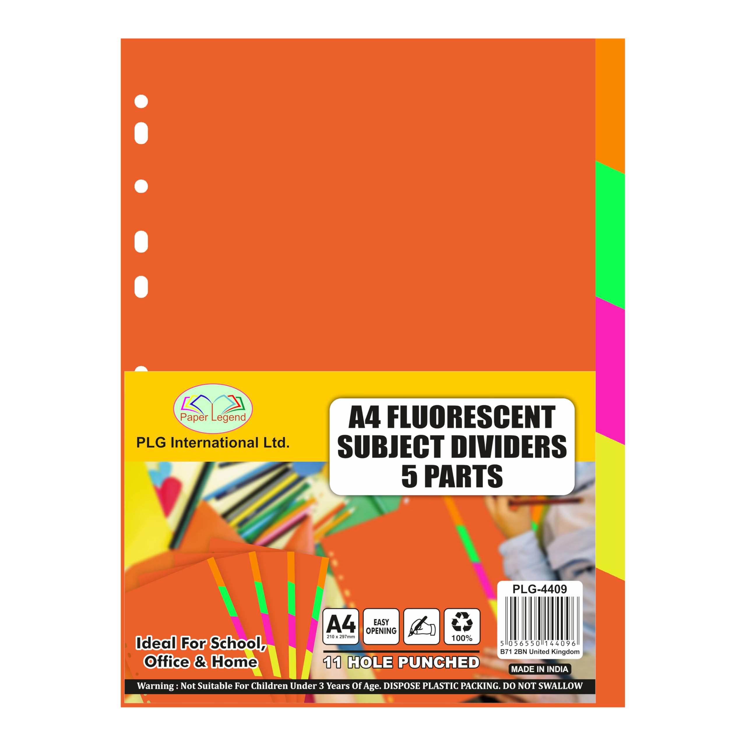 Eason Bros - A4 File Dividers 5 Part, 10 Pack Multi-Coloured 5-Tab Subject Dividers, Neon Fluorescent Index Tabs with 11 Pre-Punched Holes for Ring Binders & Lever Arch Folders
