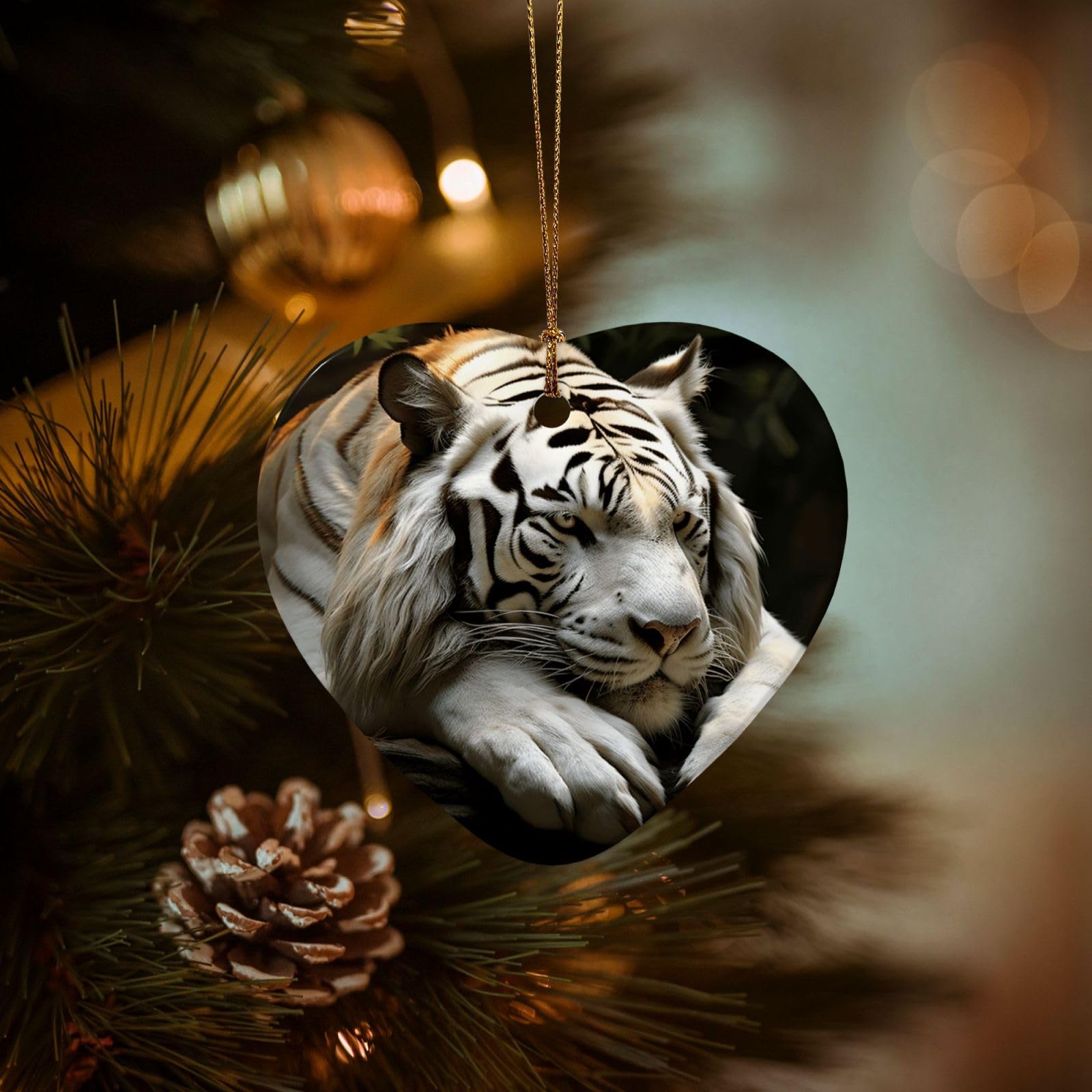 Christmas Ornaments for Christmas Tree Decoration Hanging Lying Tiger Ornament with Gold Ribbon Crafts Heart Shape Ceramic Pendant for Keepsake Gifts Xmas Decor Party Supplies