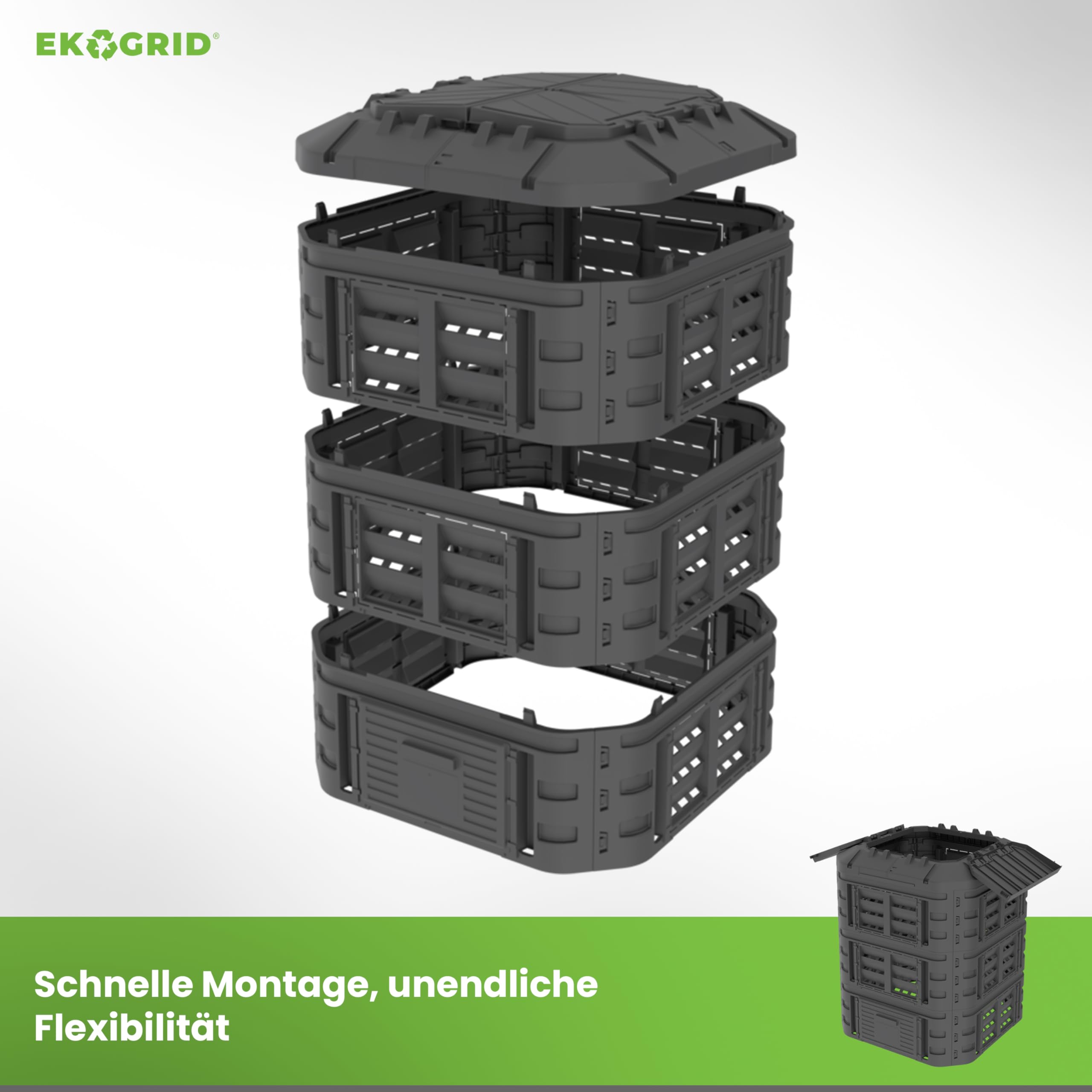 Compostador Modular para jardín EKOGRID - 860 L - Compostador con riego por Goteo y aireación - Negro