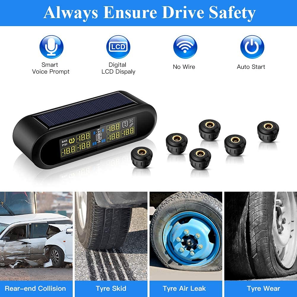 Sistema de monitoreo de presión de neumáticos de TPMS de energía Solar inalámbrica con 6 sensores para 4-6 neumáticos Coche RVs Camión Remolque Muestra en Tiempo Real Presión y Temperatura