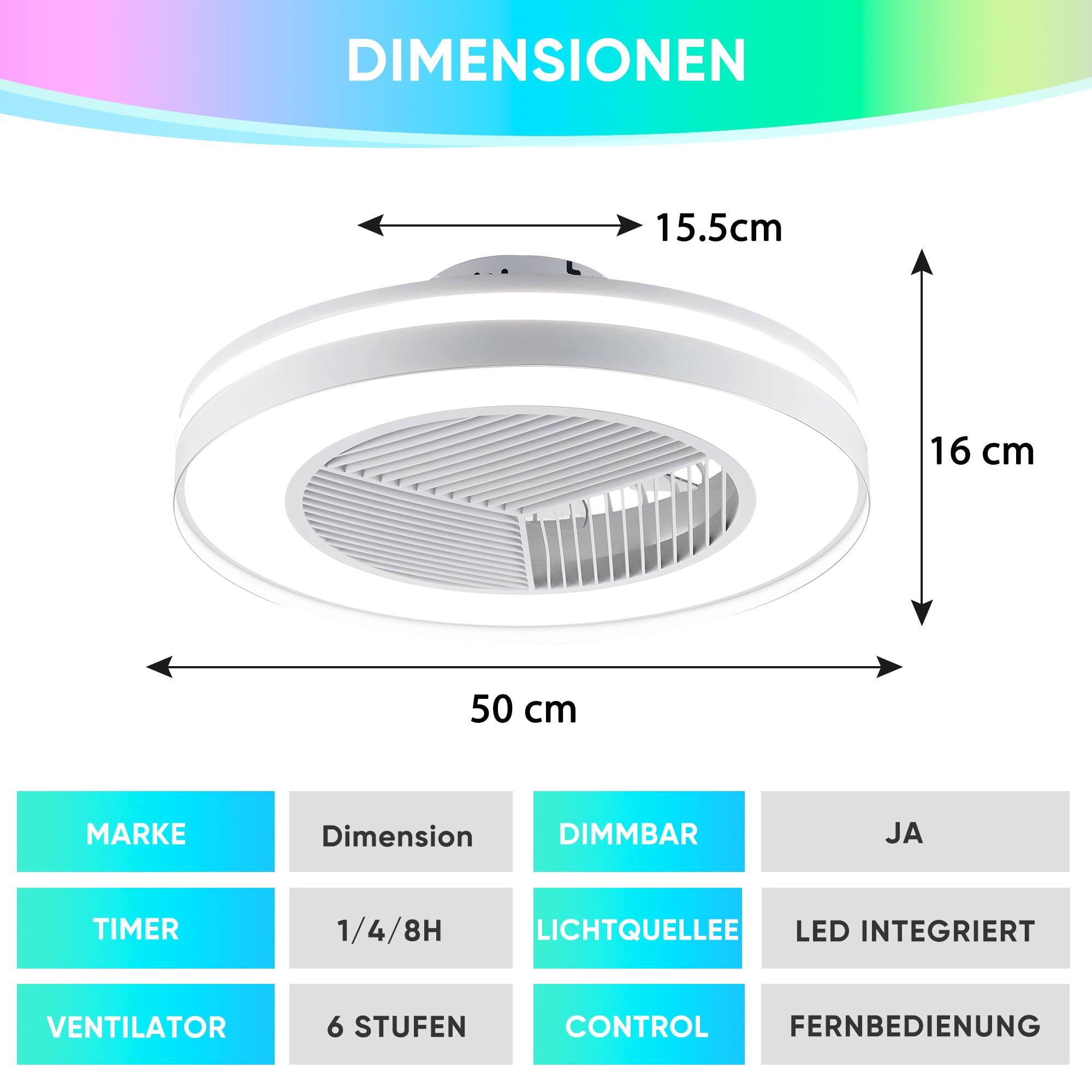DOMANKI Deckenventilator mit Beleuchtung 50 cm RGB, Leiser DC-Motor Dimmbar, Sommer-/Wintermodus, Fernbedienung, Weiß