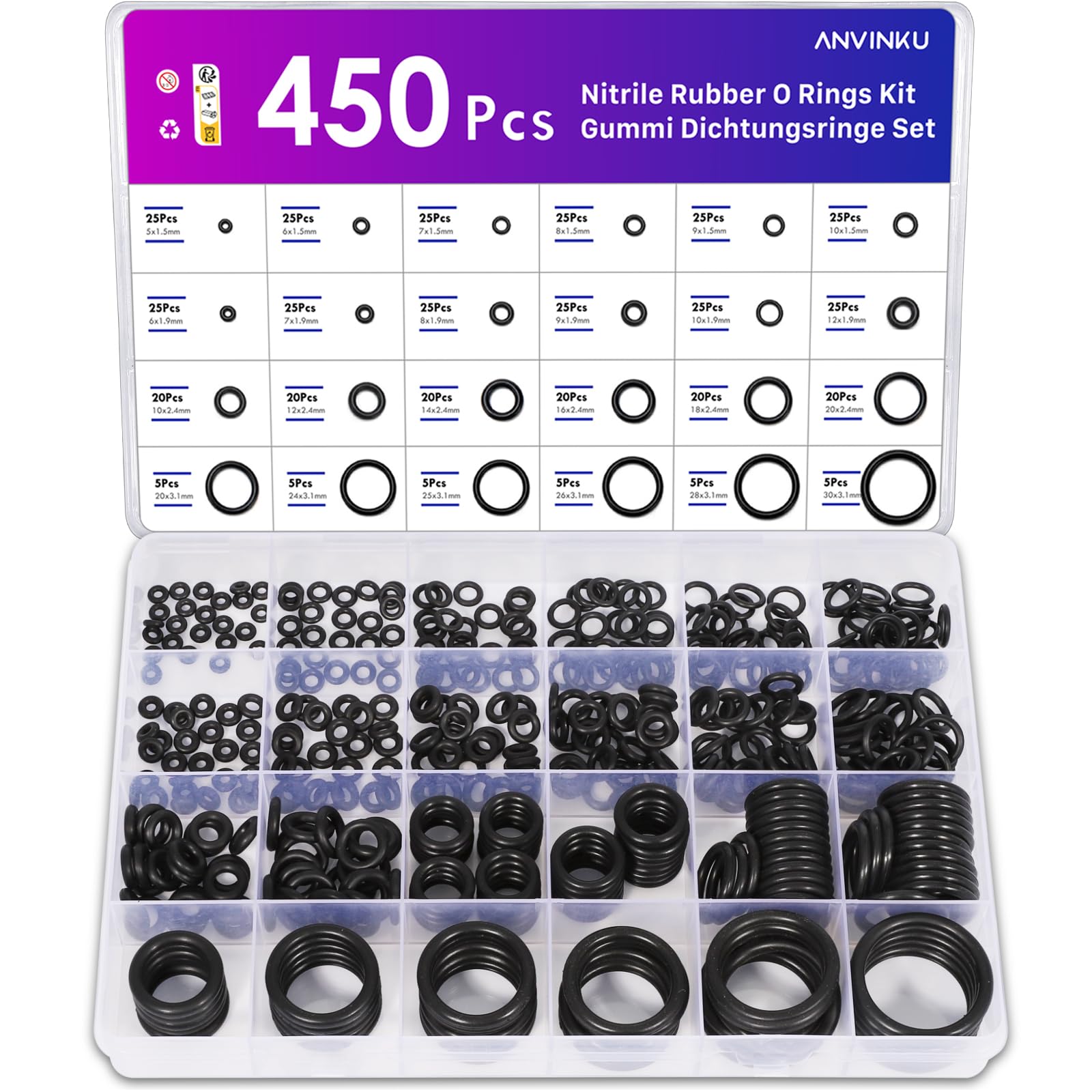 ANVINKU 450PCS Nitrile Rubber O Rings, 24 Sizes Rubber Washers Assorted, Insulated O-Rings Seal Gasket Set