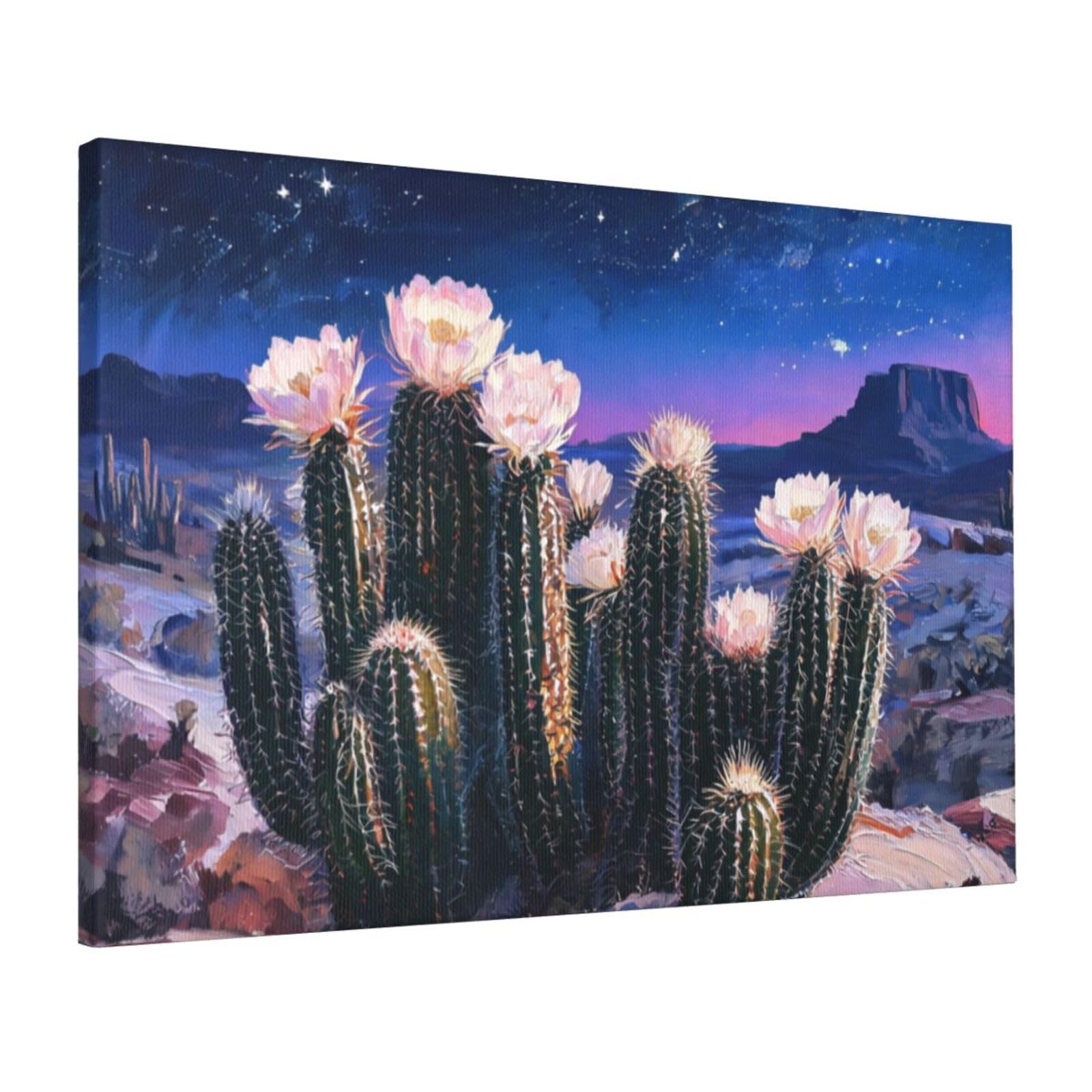 Cntdbu White Cactus Vintage Pattern Canvas Wall Art 16X24 Inch-Large Modern Painting Print For Living Room, Framed Ready To Hang Artwork For Bedroom