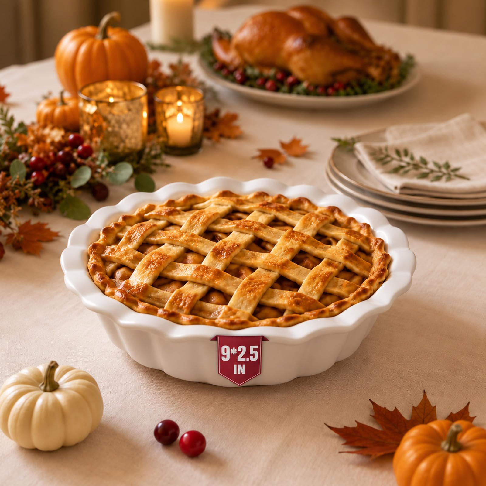 9×2.5in Deep Fluted Ceramic Pie Pan for Pie Quiche Tart Baking. Modern Style, Lead-Free. 9in Casserole Lasagna Dish for Thanksgiving Christmas Wedding Gift. Microwave, Dishwasher, Oven Safe