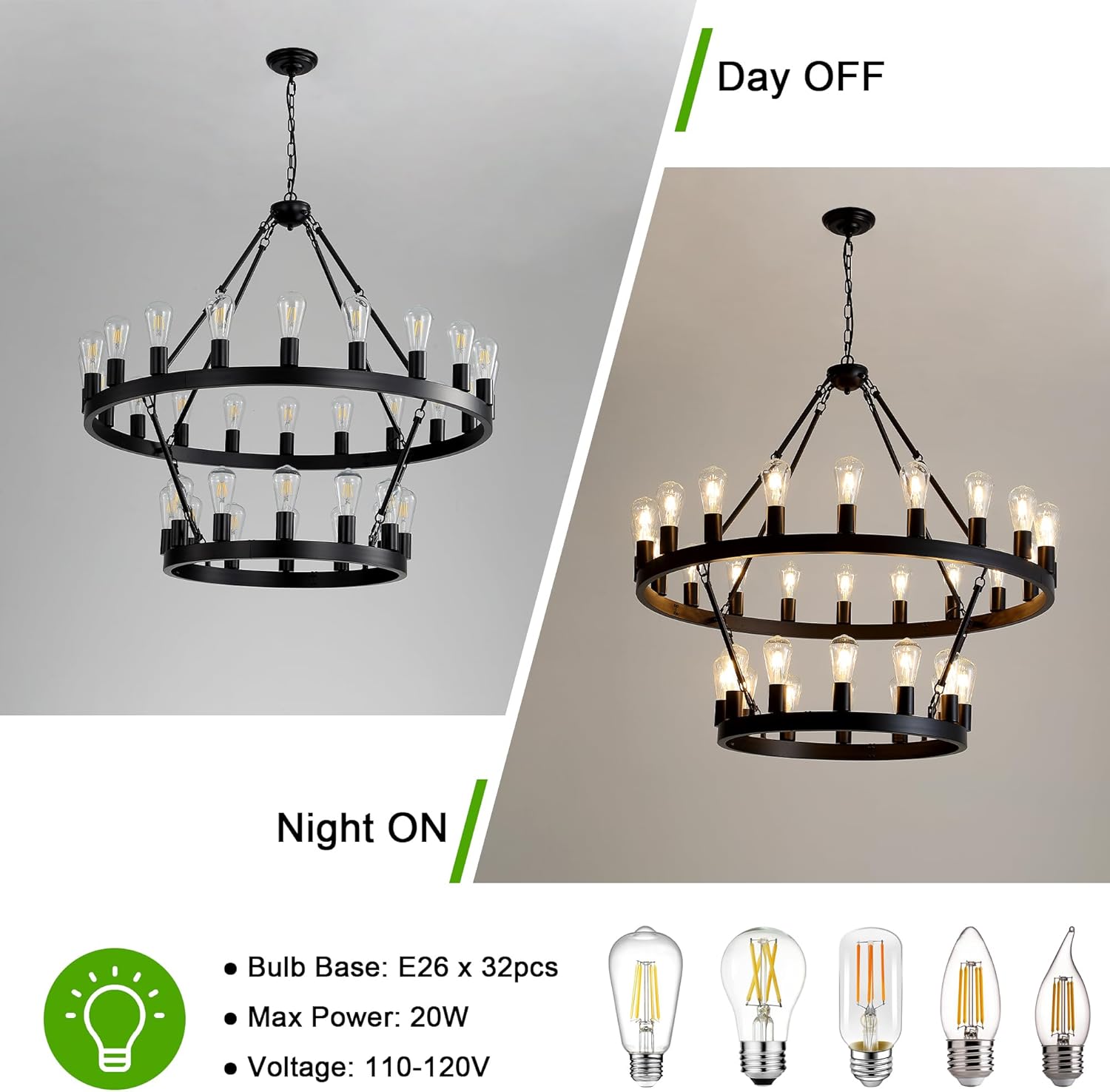 2-Tier Black Wagon Wheel Chandelier, 40" 32-Light Round Farmhouse Ceiling Hanging Pendant Light for Dining Room, Living Room, Kitchen Island, Foyer, Entryway