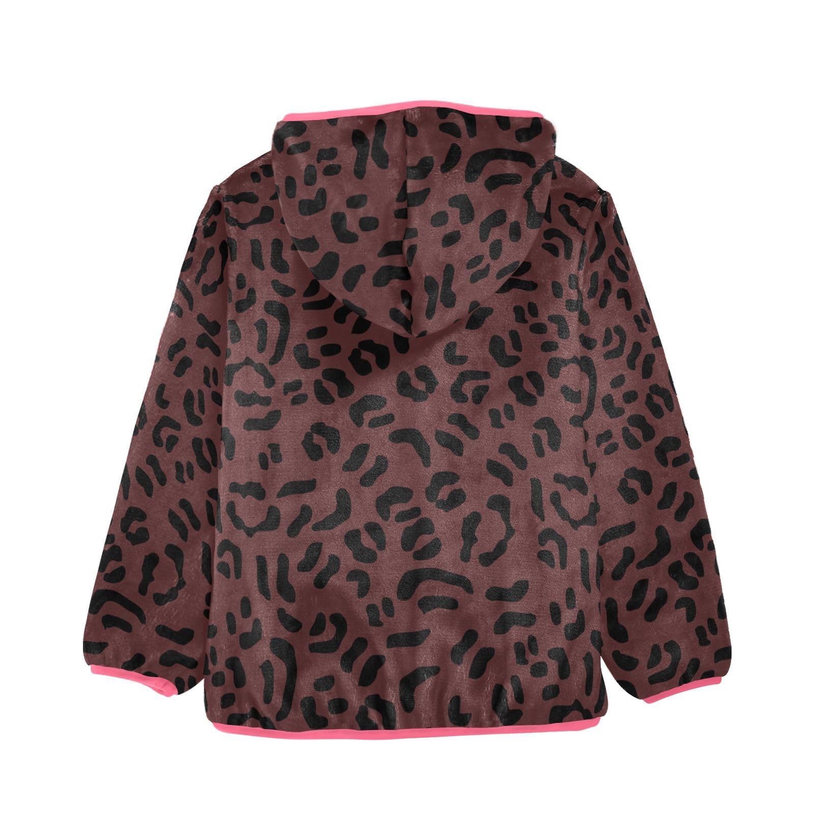 Cappotto con cappuccio per bambini per autunno e inverno, caldo, a maniche lunghe, con cerniera, antivento con due tasche, per 3-10 anni, a righe leopardate, rosso