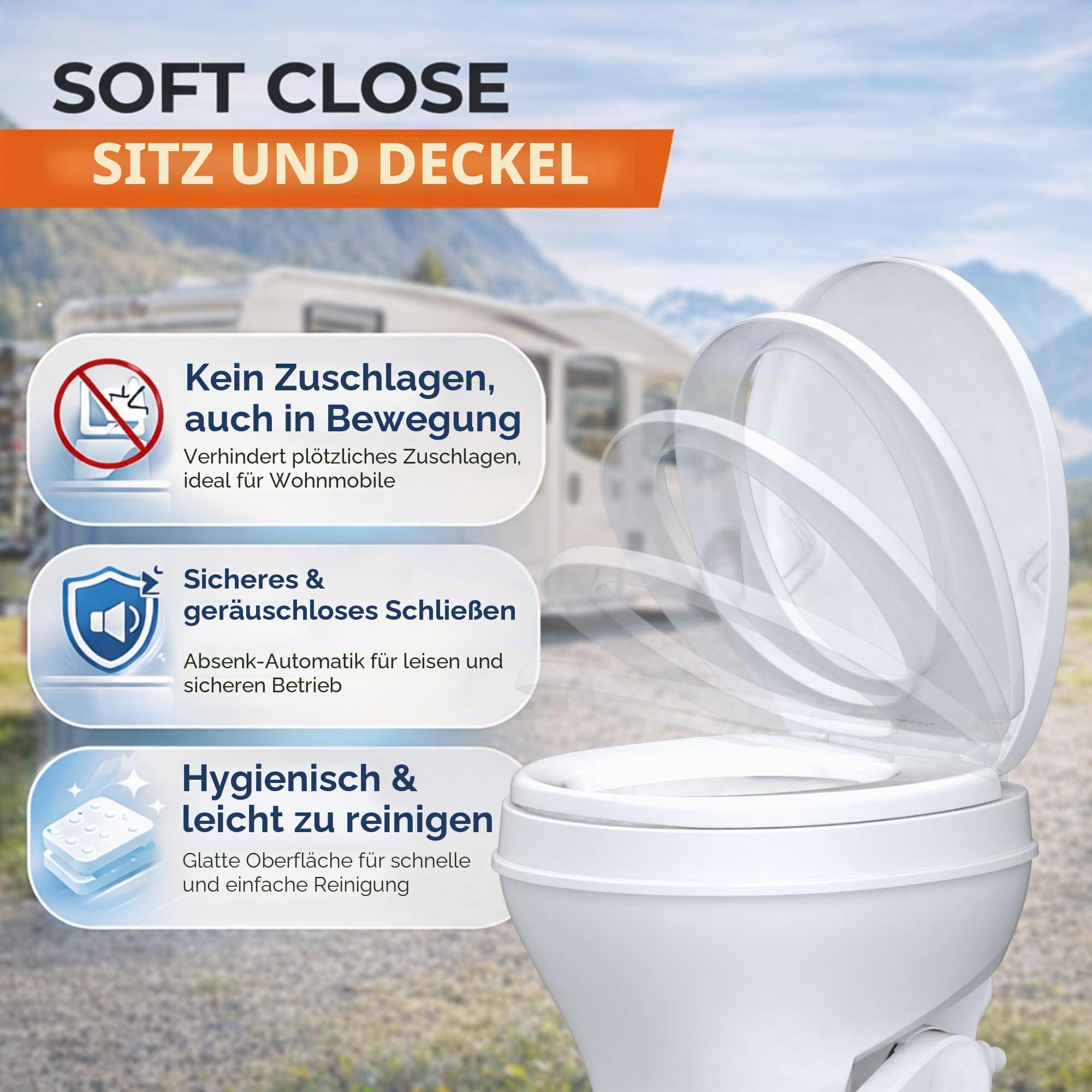 SEAFLO Wohnmobil-WC – Standardhöhe, Schwerkraftspülung, Fußpedal, sanft schließender Deckel