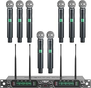 Phenyx Pro Wireless Microphone System, 8-Channel UHF Cordless Mic Set with Eight Handheld Mics, Fixed Frequency, All Metal Build, Long Range 260ft, Ideal for Karaoke, Church, Events (PTU-4000A)