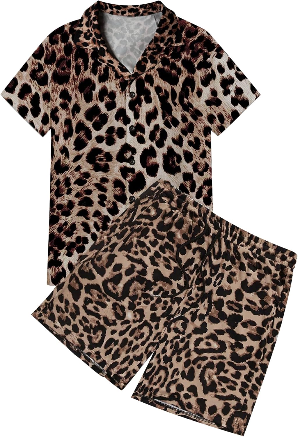 WDIRARA Men's 2 Piece Leopard Print Outfit Button Up Collared Short Sleeve Shirt and Drawstring Waist Shorts