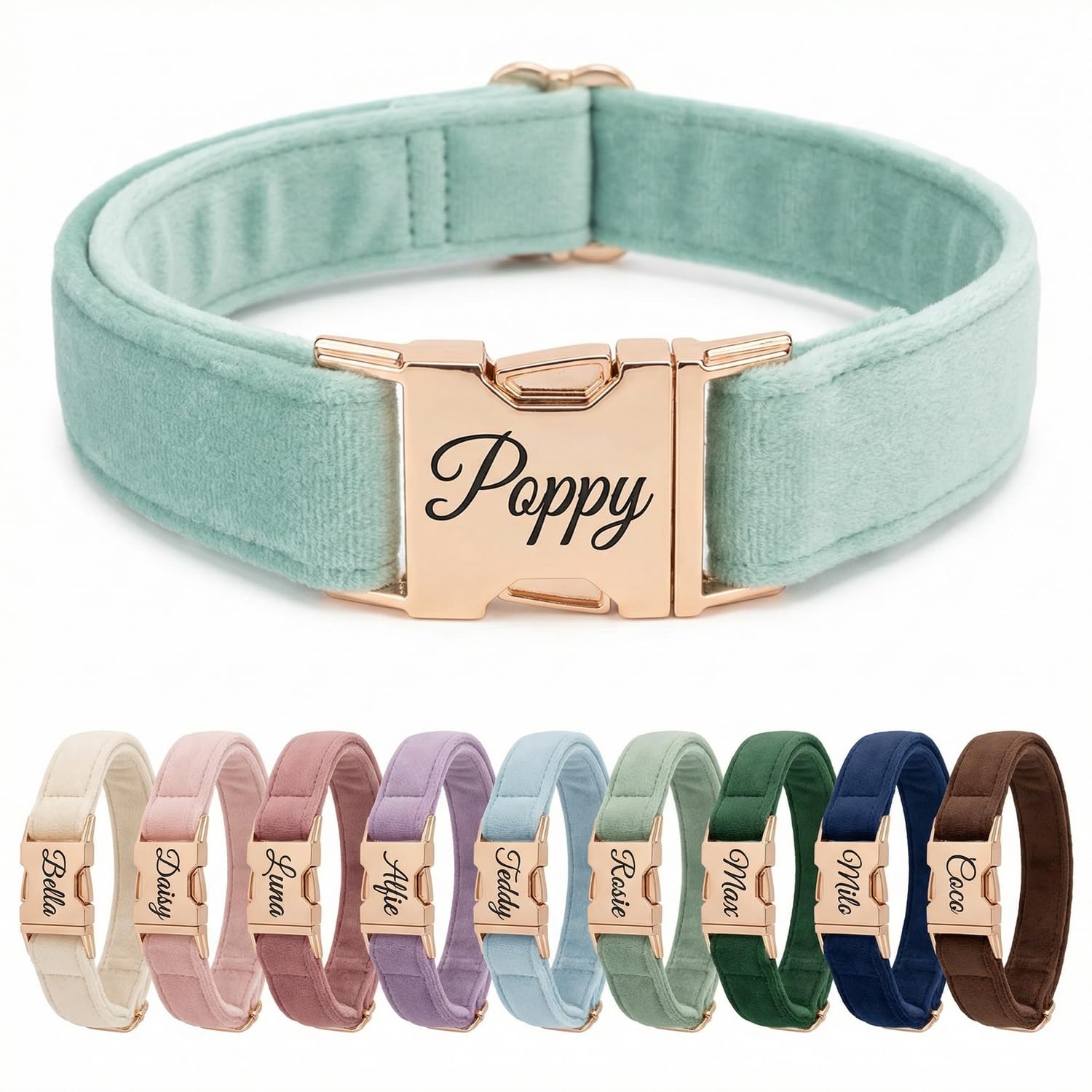 Personalised Velvet Dog Collar UK – Engraved Gold Buckle, Luxury Padded Soft Collar for Small Medium Large Dogs | Custom Name ID Tag, 18 Colours Available | Mint Green — image 1