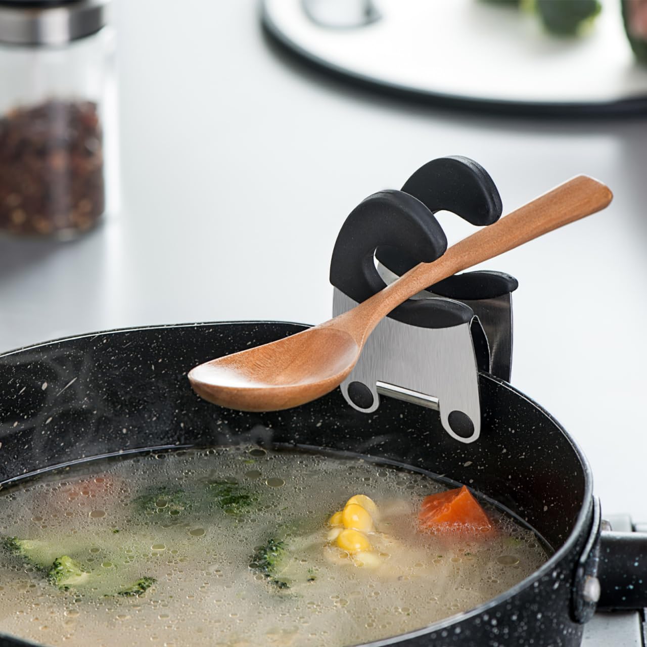 DOITOOL 2pcs Pot Clip Holder Utensil Pot Clip Spoon Rest Stainless Steel Kitchen Gadget for Restaurant Home Utensil Rest (Black)