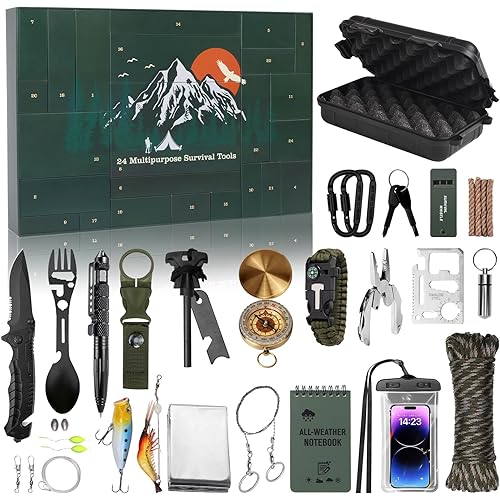 Advent Calendar Survival Kits for Men - 24 Days Christmas Countdown Calendar Emergency Survival Gears Gift for Teen Adult, 2025 Xmas Cool Gadgets for Outdoor Camping Fishing Hunting Adventure