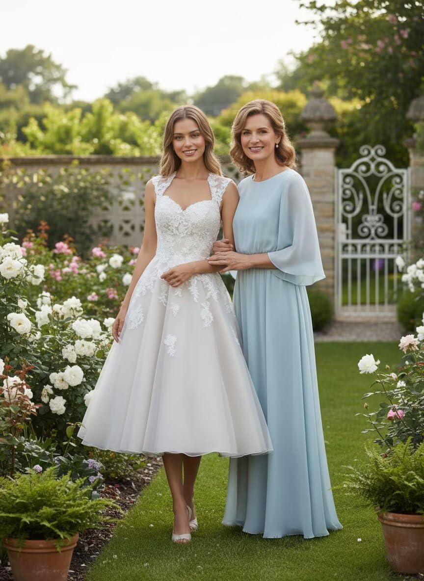 Tüll Midi Brautkleider für Braut Tee Länge Boho Spitze Hochzeitskleider mit Ärmeln für Frauen