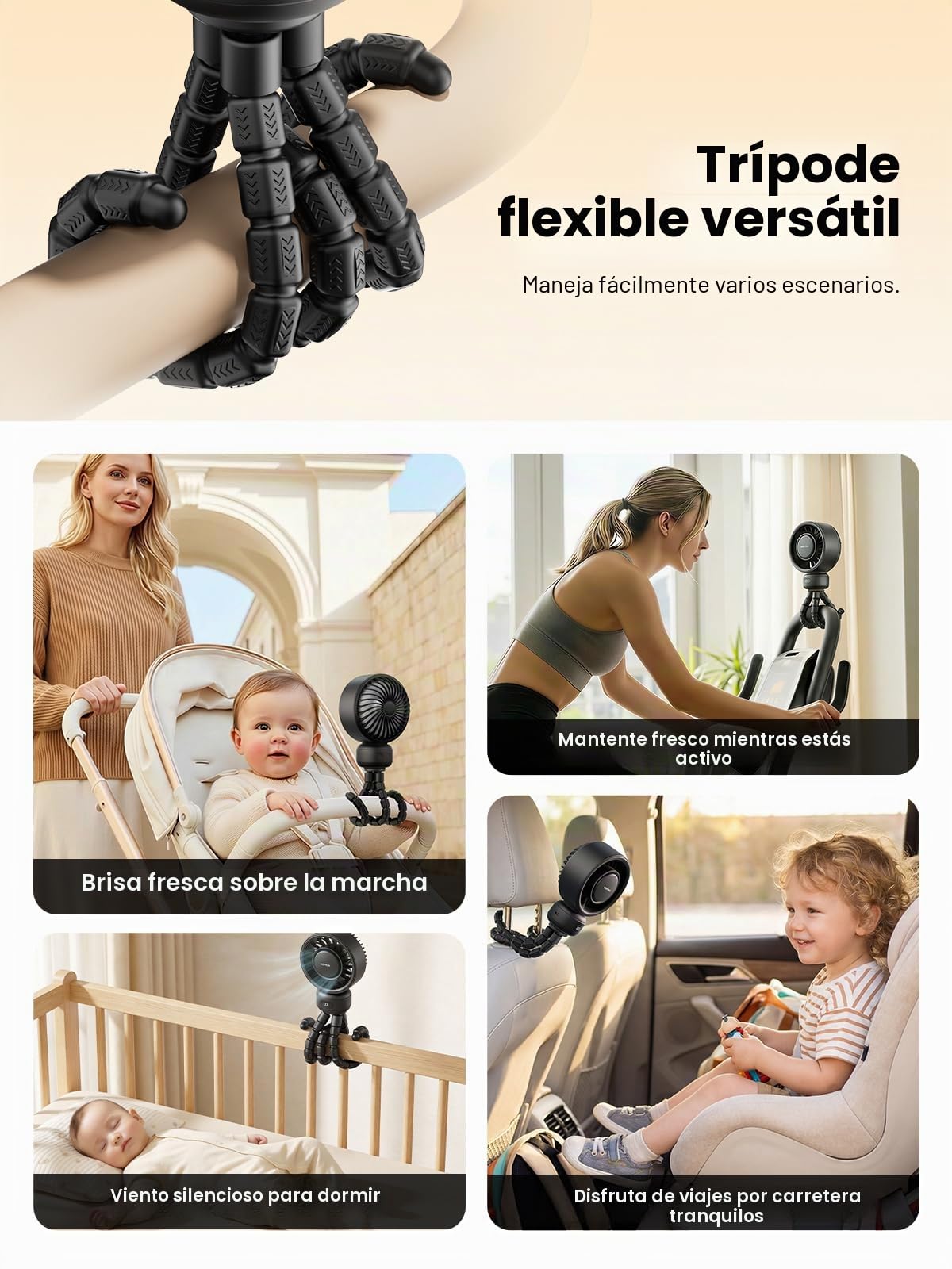 Warmco Ventilador portátil para cochecito, ventilador de clip recargable de 4000 mAh con trípode flexible (hasta 15 horas), 4 velocidades, pantalla LED, rejilla desmontable, funcionamiento silencioso