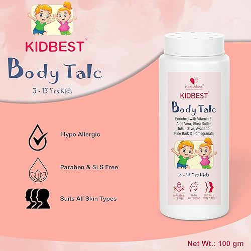 Miniatura 2 de HealthBest Kidbest Talco corporal para niños, piel normal, piel sensible y piel seca, lágrima, parabenos, sin SLS, 3.53 oz