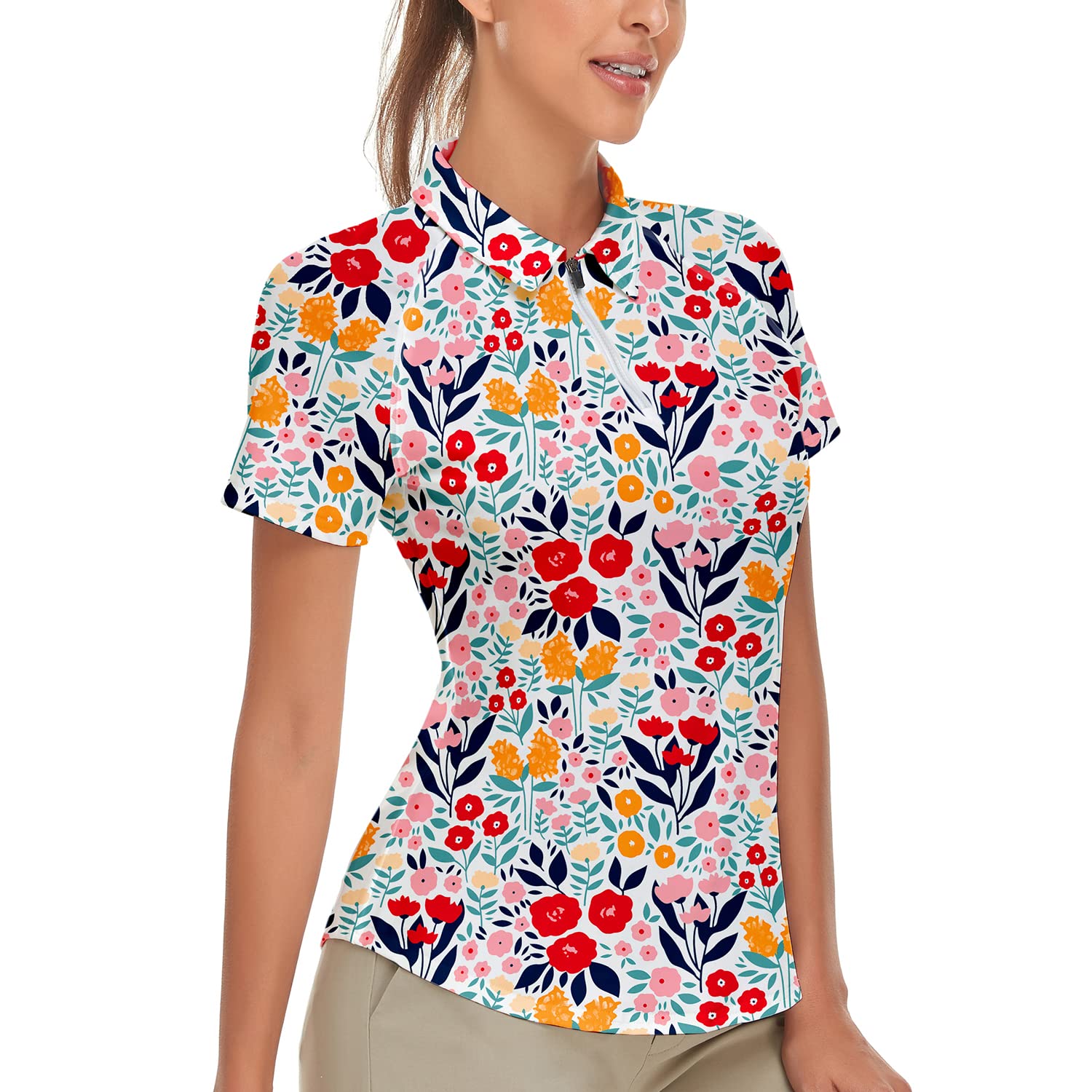 Soneven Women's Long Sleeve Golf Polo Shirts Moisture Wicking Quick Dry Half-Zip Pullover Athletic Workout Striped Tops