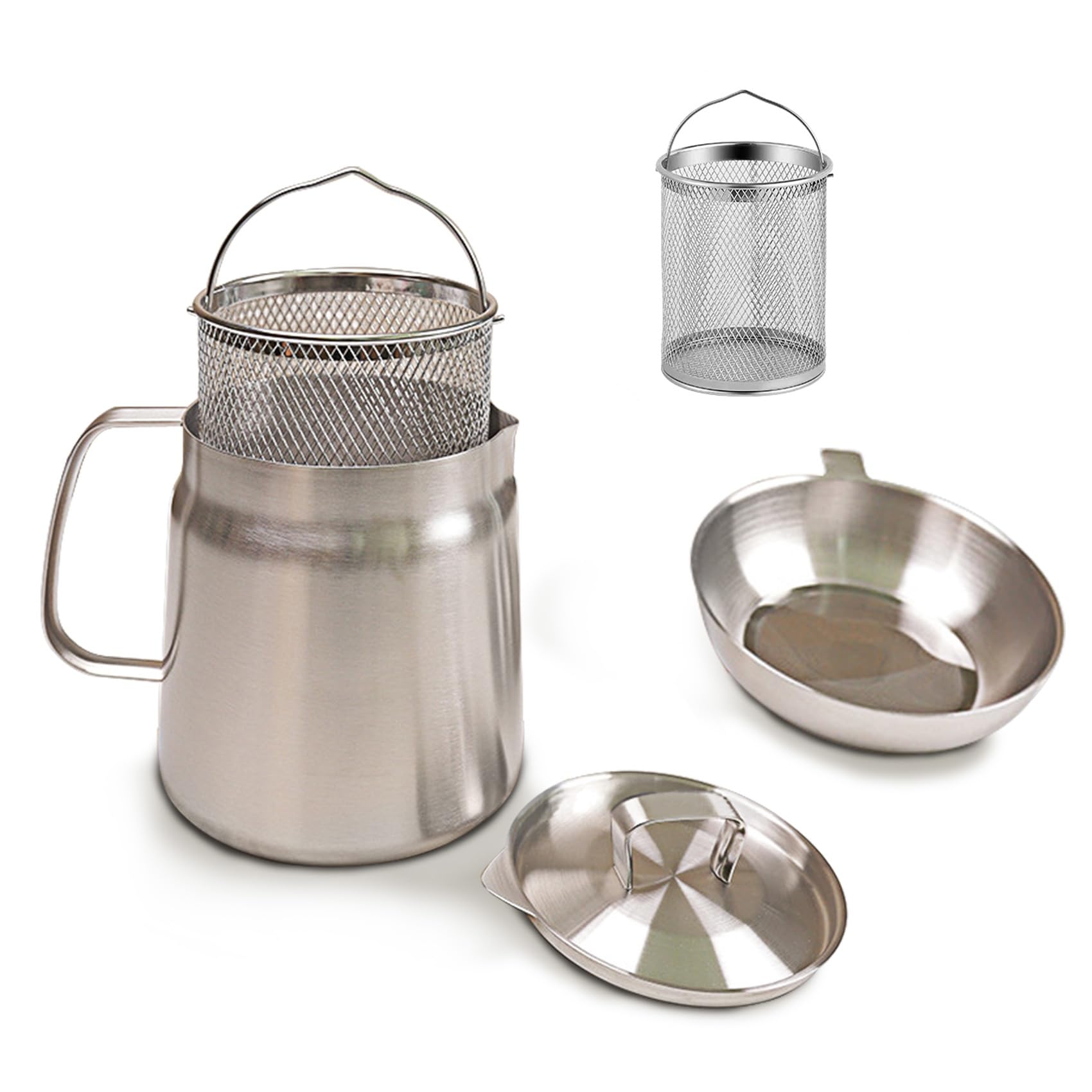 68oz 304 Stainless Steel Oil Filter Pot Large Capacity Versatile Oil Filter Vessel Heavy Duty Stainless Steel Bacon Grease Container Multi-function Frying net Tank for Kitchen Camping (68oz/2L)