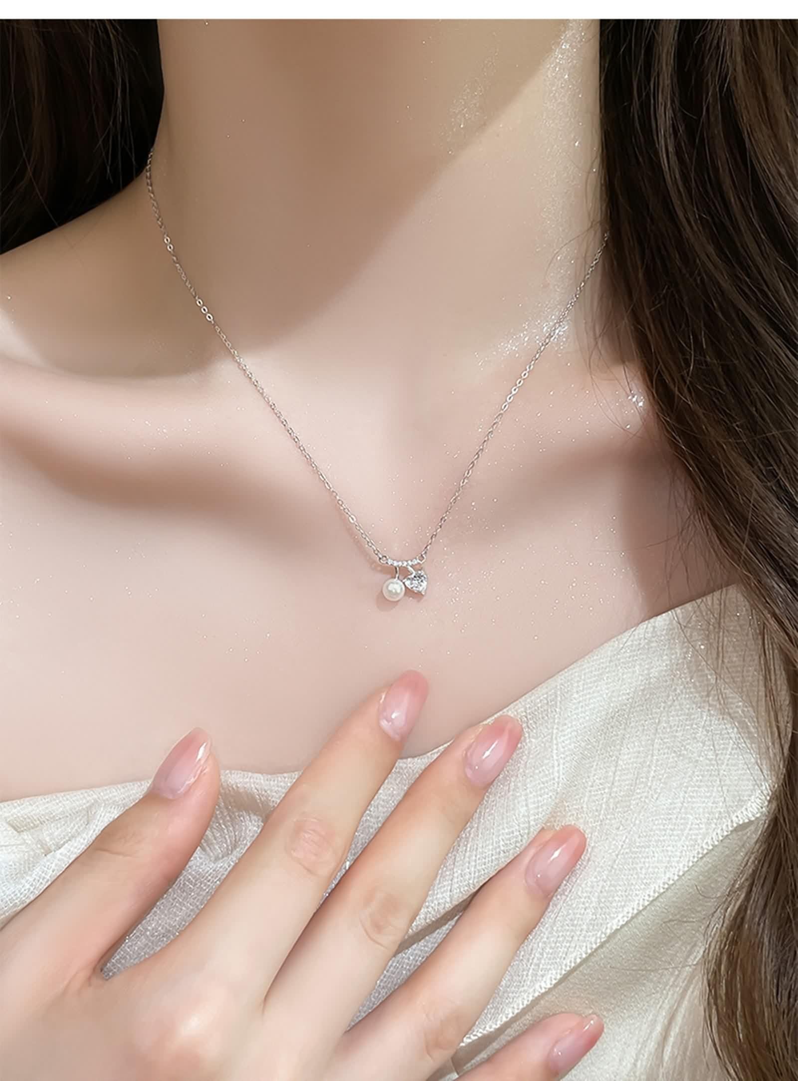 Collana Perla Lunga, Collana Donna Elegante Ciondolo Catenina Gioielli Oro Bianco 9K/14K/18K con Moissanite Amo Le Ciliegie 40+5cm