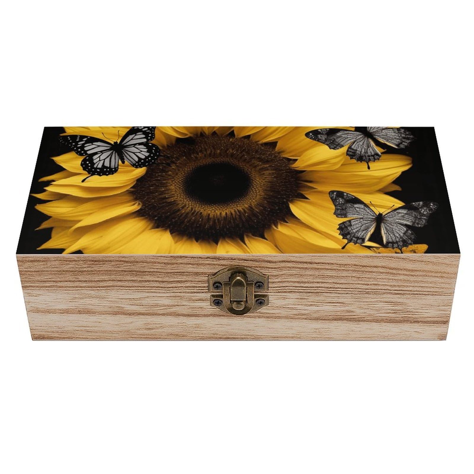 Wooden Storage Box Butterfly And Sunflower Wood Gift Box with Hinged Lid Vintage Decorative Jewelry Boxes Memory Box for Jewelry Art Hobbies Home Storage Treasure Keepsake Gift 7.9''x3.9''x2.3''