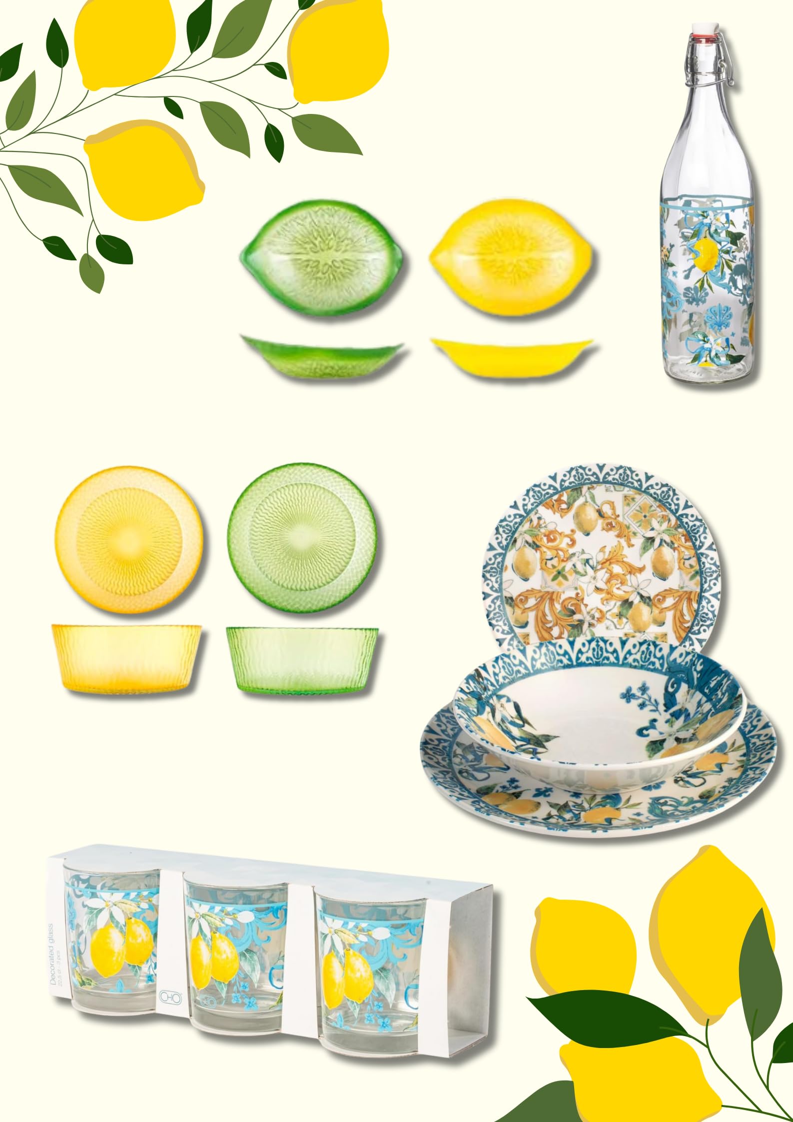 Juego de platos, vasos, cuencos, botella con diseño de limones