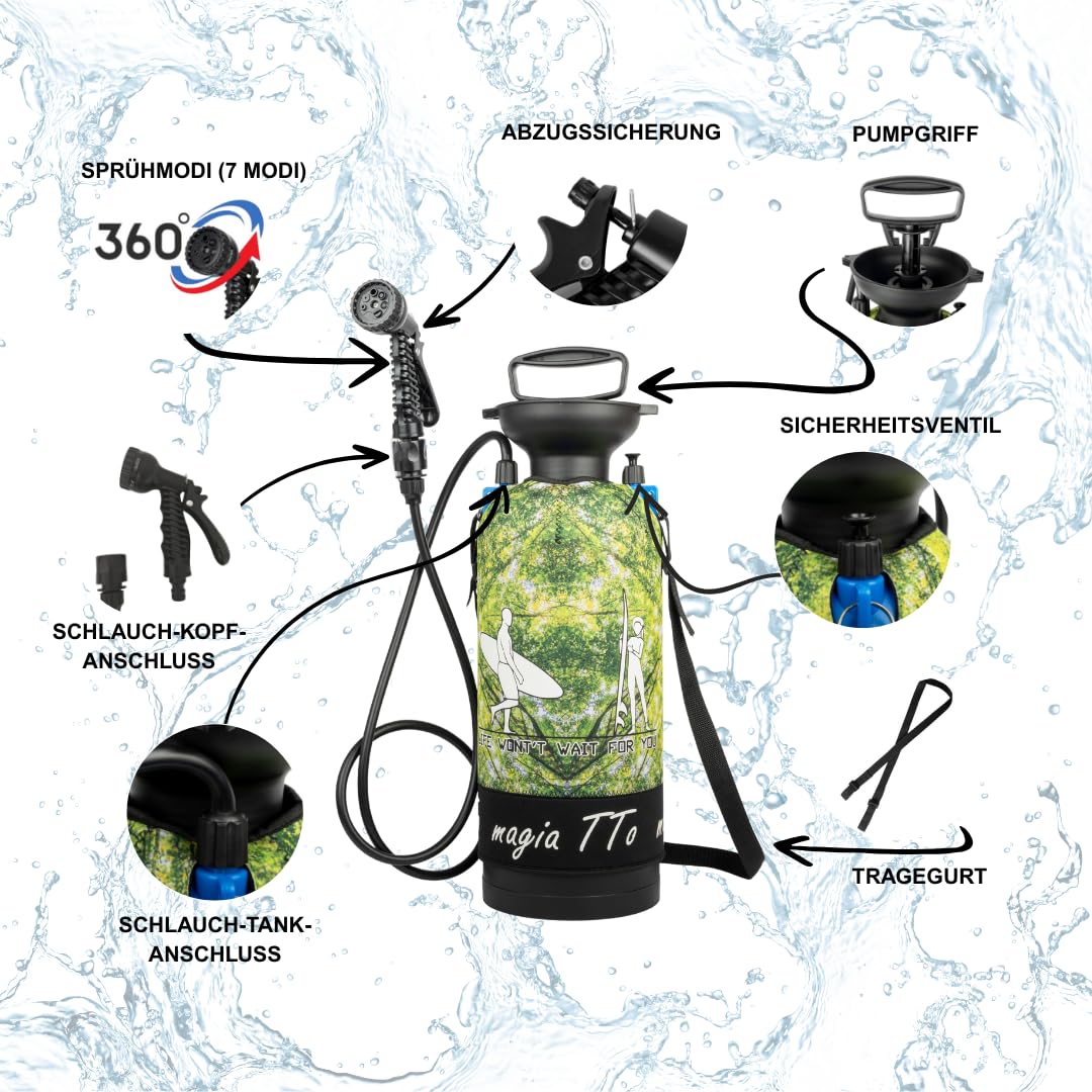 Tragbare Campingdusche mit Handpumpe, 8 L [Ohne Strom] – Camperdusche für Reisen, Strand, Surfen, Wandern, Hunde und Haustiere – Einfach zu transportieren, ideal für die Outdoor-Hygiene