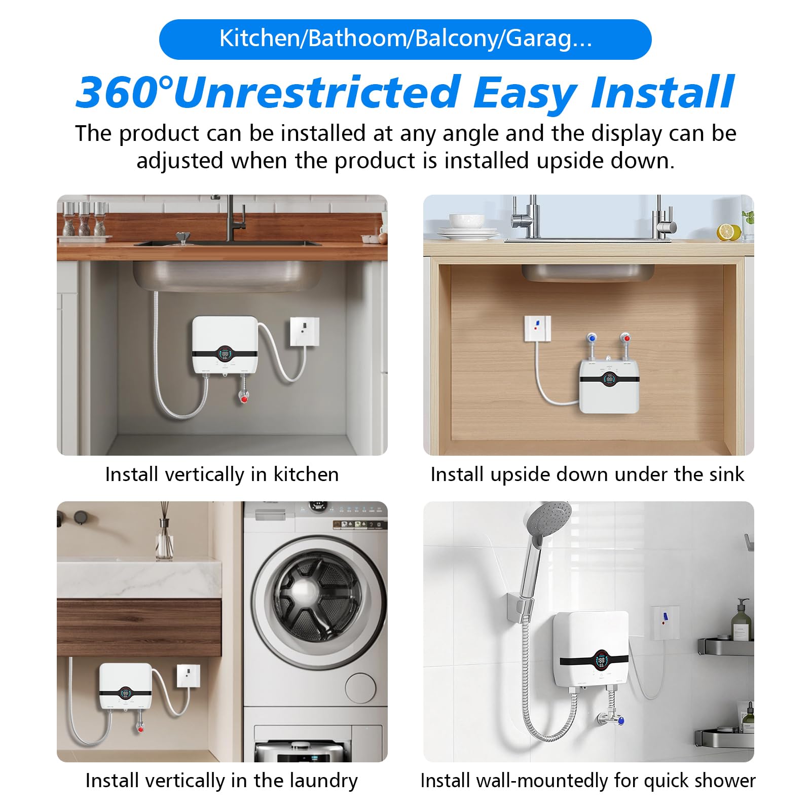 Chauffe-eau électriques 220V 6500W, Chauffe-eau électrique sans réservoir, Petit chauffe-eau instantané électrique économie d'eau Avec écran numérique, Pour cuisine, salle de bain, lavage