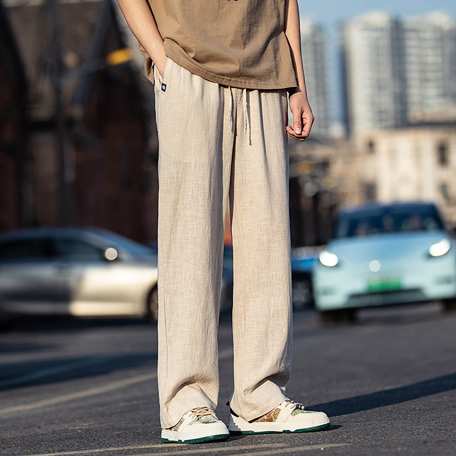 Generico Pantaloni Lino Uomo,Pantaloni Uomo Estivi,Pantaloni Lino Eleganti a Gamba Dritta per Stagione Primaverile Comodi e Moderni