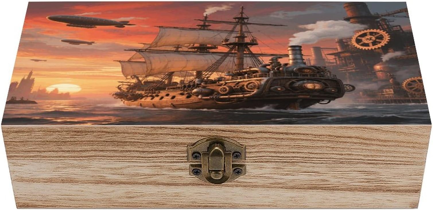 Sunset And Sailboat Storage Box Rectangular Wooden Decorative Case Large Capacity Jewelry Boxes with Lock Vintage Keepsake Organizer for Photos Pearl Trinkets Crafts
