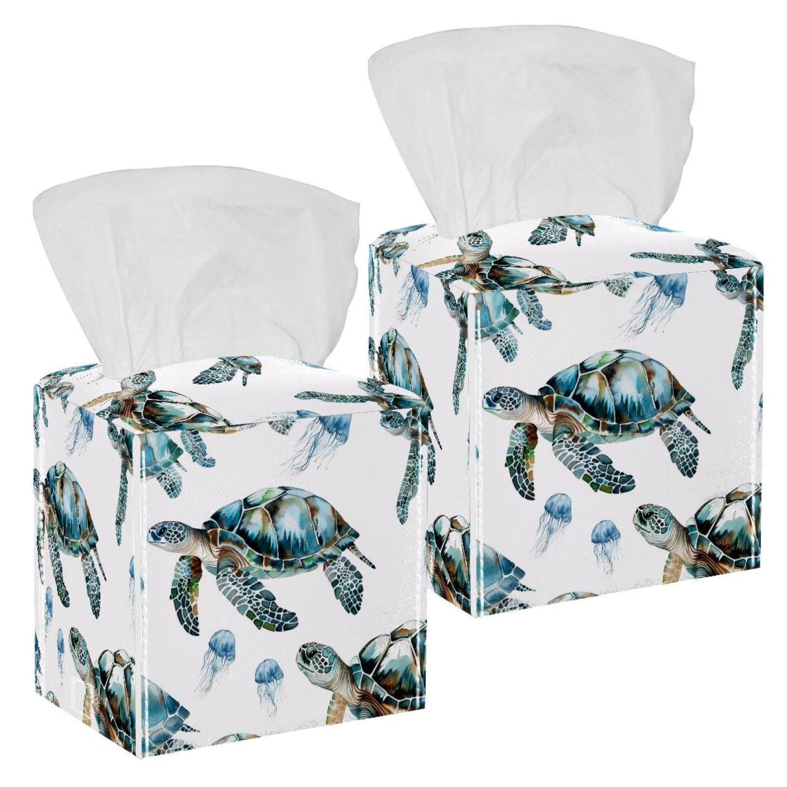 Watercolor Turtles Tissue Box Cover, 2 Pack PU Leather Square Facial Tissue Dispenser Box holder for Home Office Car