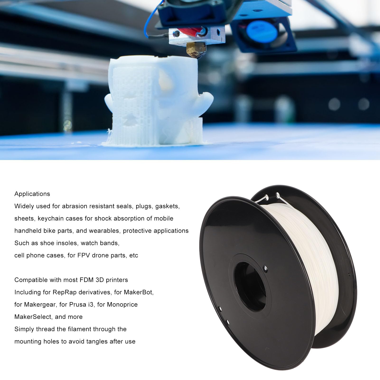 Filament TPU 1,75 mm 95A flexible haute vitesse 8 kg 1,8 lb Filament d'imprimante 3D sans obstruction pour la plupart des imprimantes (Blanche)
