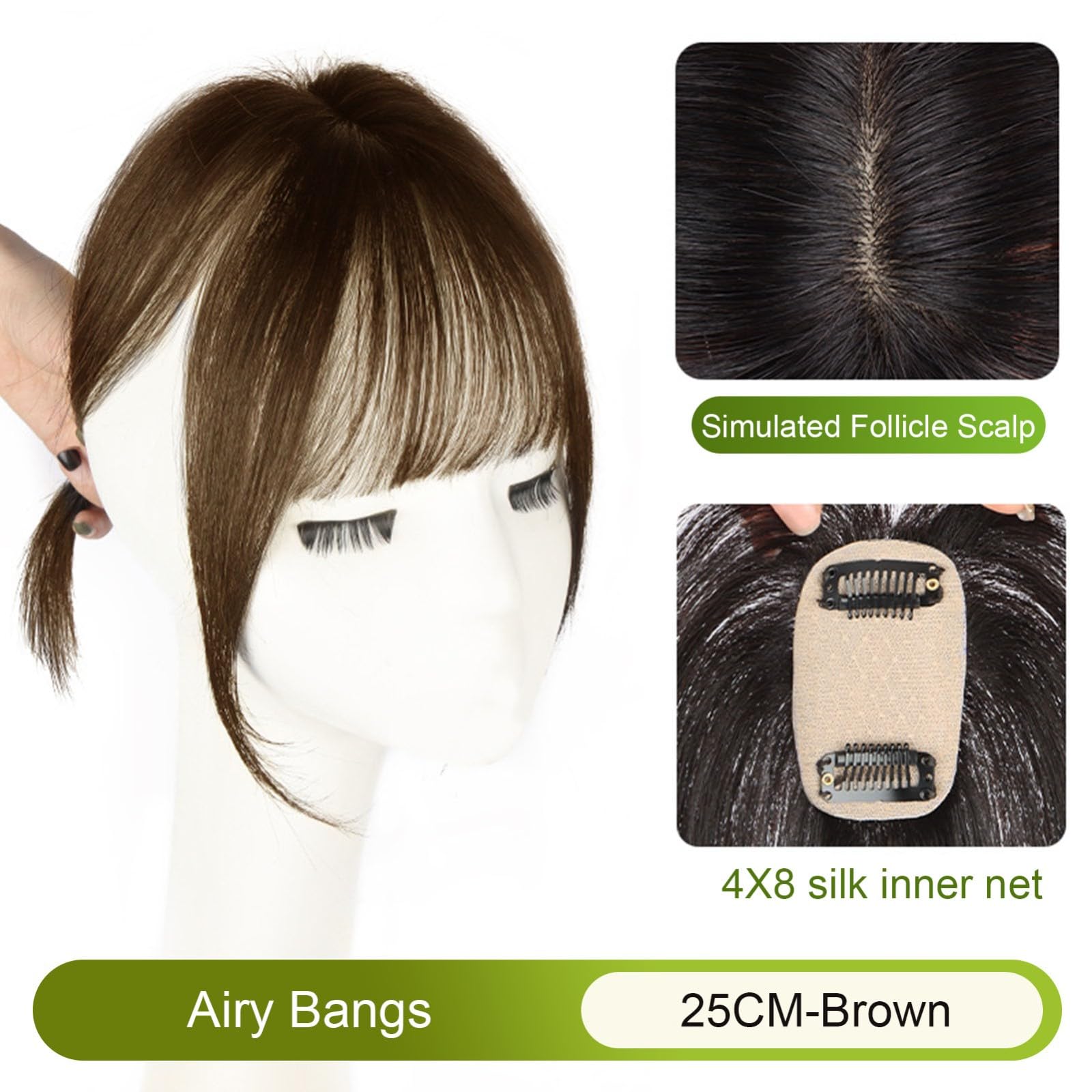 Topper z prawdziwych włosów dla kobiet, 9,8 cala Clip In Hair Topper z grzywką do codziennego użytku (brązowe, bangs)