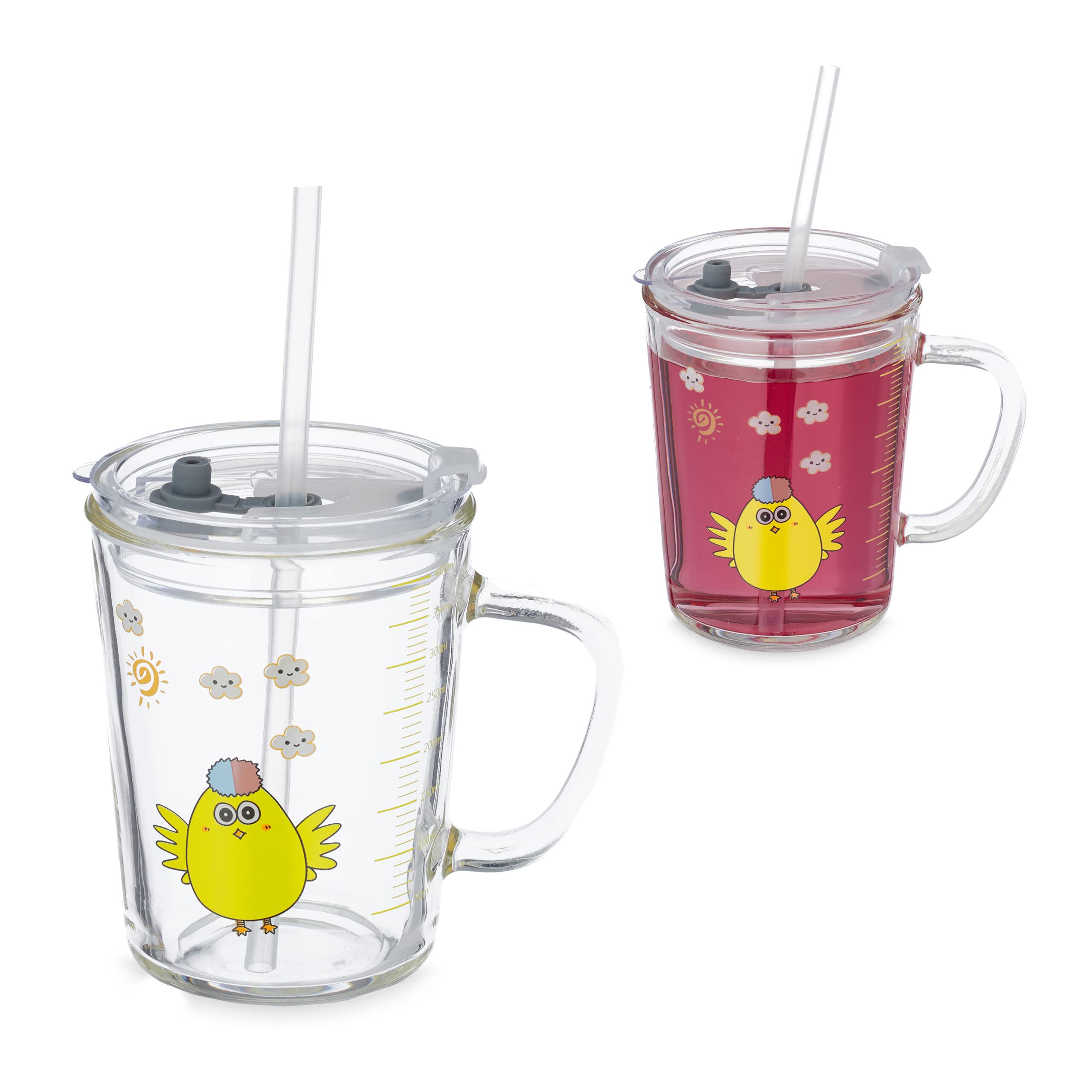Relaxdays Set da 2 Tazze per Bambini, Vetro, Silicone, ABS, con Cannuccia, Manico e Tappo, 400 ml, Pulcino, Trasparente