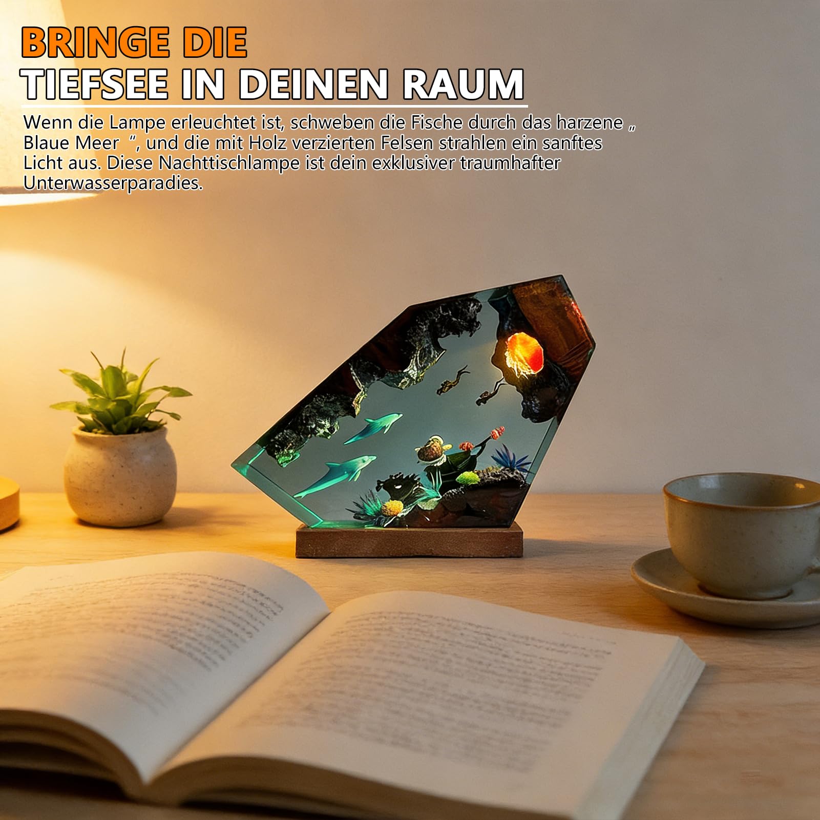 3D Harz Ozean Tier Figuren Nachtlicht,Epoxidharz Ozeanfigur Ornamente mit Holzsockel,Marine Statue Dekoration,LED Ozean Nachtlichter Unterwasser Szene Taucher Hai Wale Schildkröte (Warmes Licht)