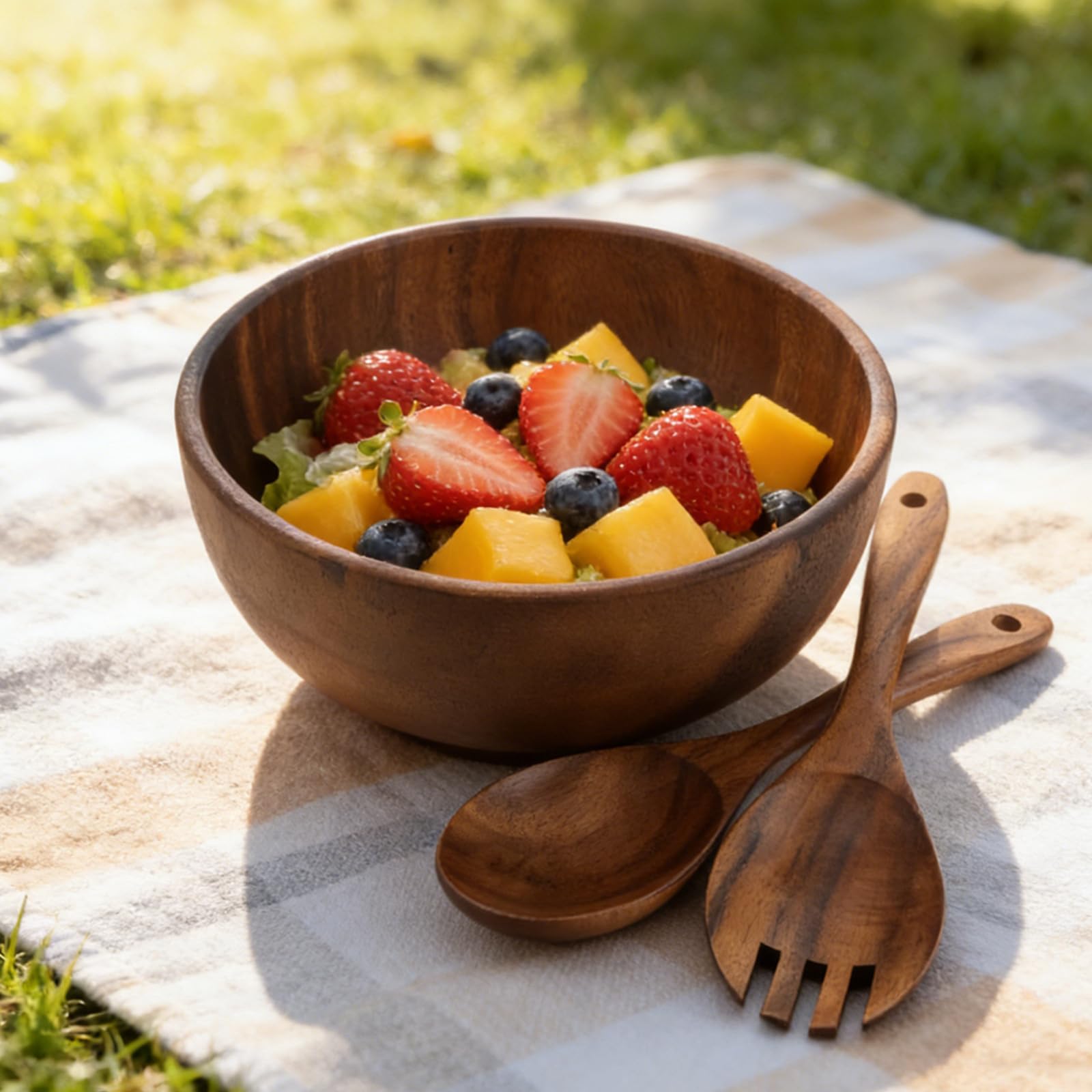 Juego de Cuencos para Servir Ensalada de Madera de 2, 5 L | Redondo Marrón, Incluye Tenedor y Cuchara, Acabado Rústico, 85 Oz para Reuniones y Fiestas