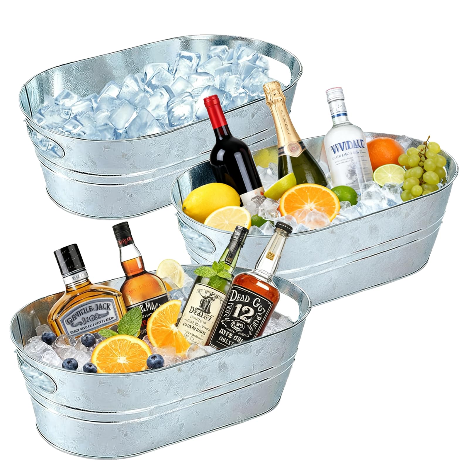 3-Pack Extra Large Galvanized Steel Ice Buckets with Handles, 15L, Rustic Industrial Style, for Champagne, Beer, Cocktails, Weddings, Parties