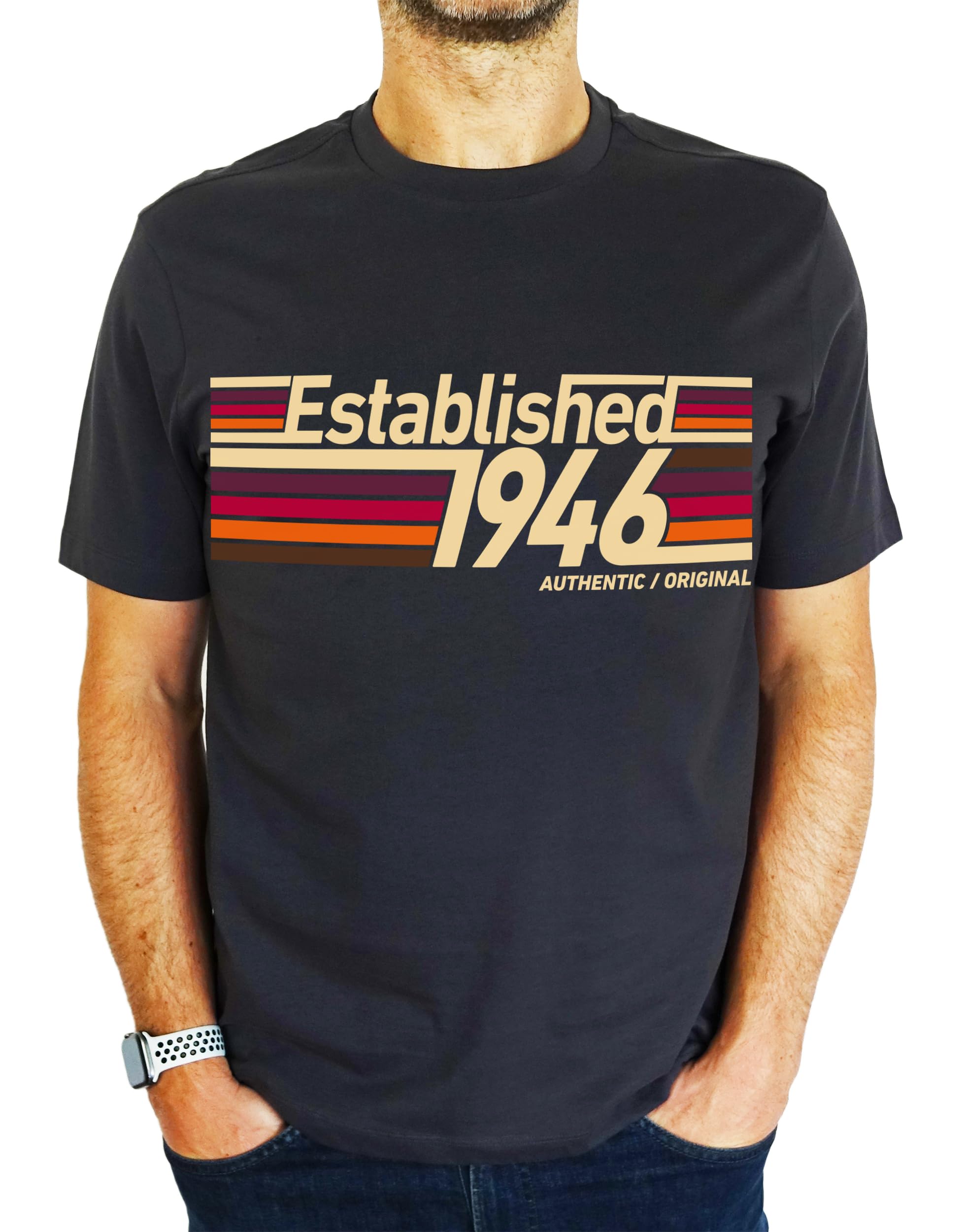 1946 Established Retro Stripes - 80th Birthday Gift | Present Mens T-Shirt Charcoal Grey M