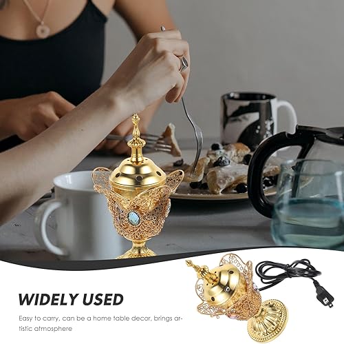 Miniatura 8 de Quemador de incienso eléctrico de metal, estilo de Oriente Medio, incensario eléctrico de mesa para hogar, oficina, yoga, spa, decoración de