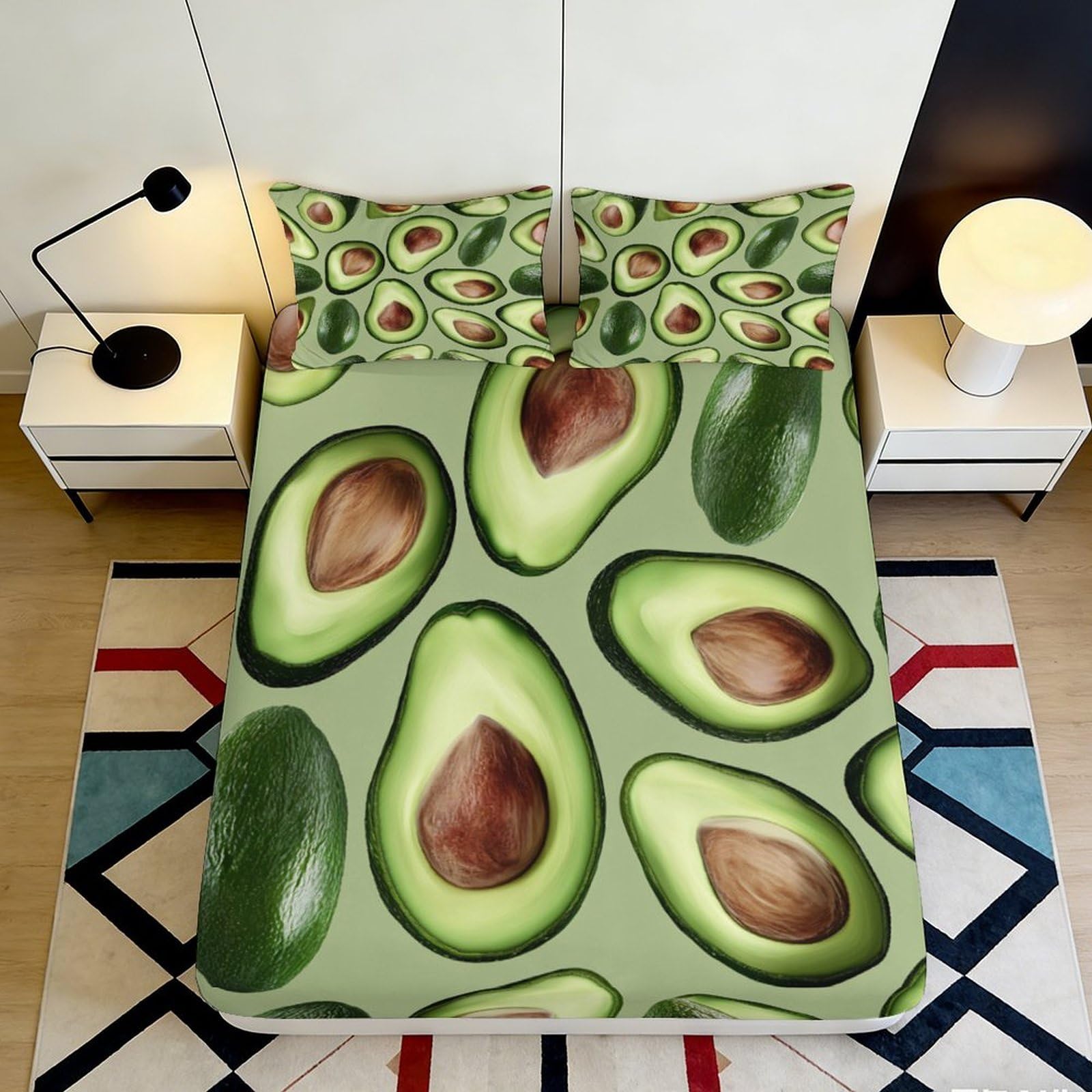 3D Printed Avocado Pattern Fitted Sheet Microfiber Soft Anti-Slip Green Fruit Mattress Cover for Bedroom Guest Room Decor 160x200x25cm
