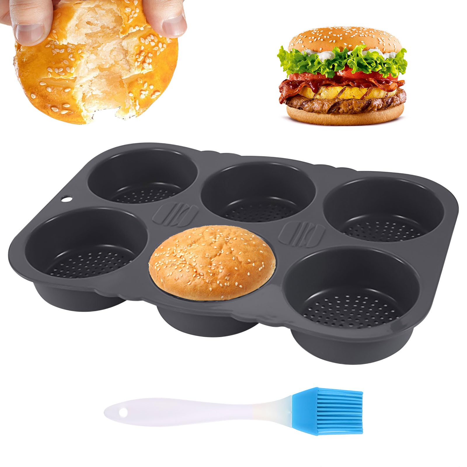 Moule à pain hamburger en silicone à 6 cavités avec brosse de cuisine