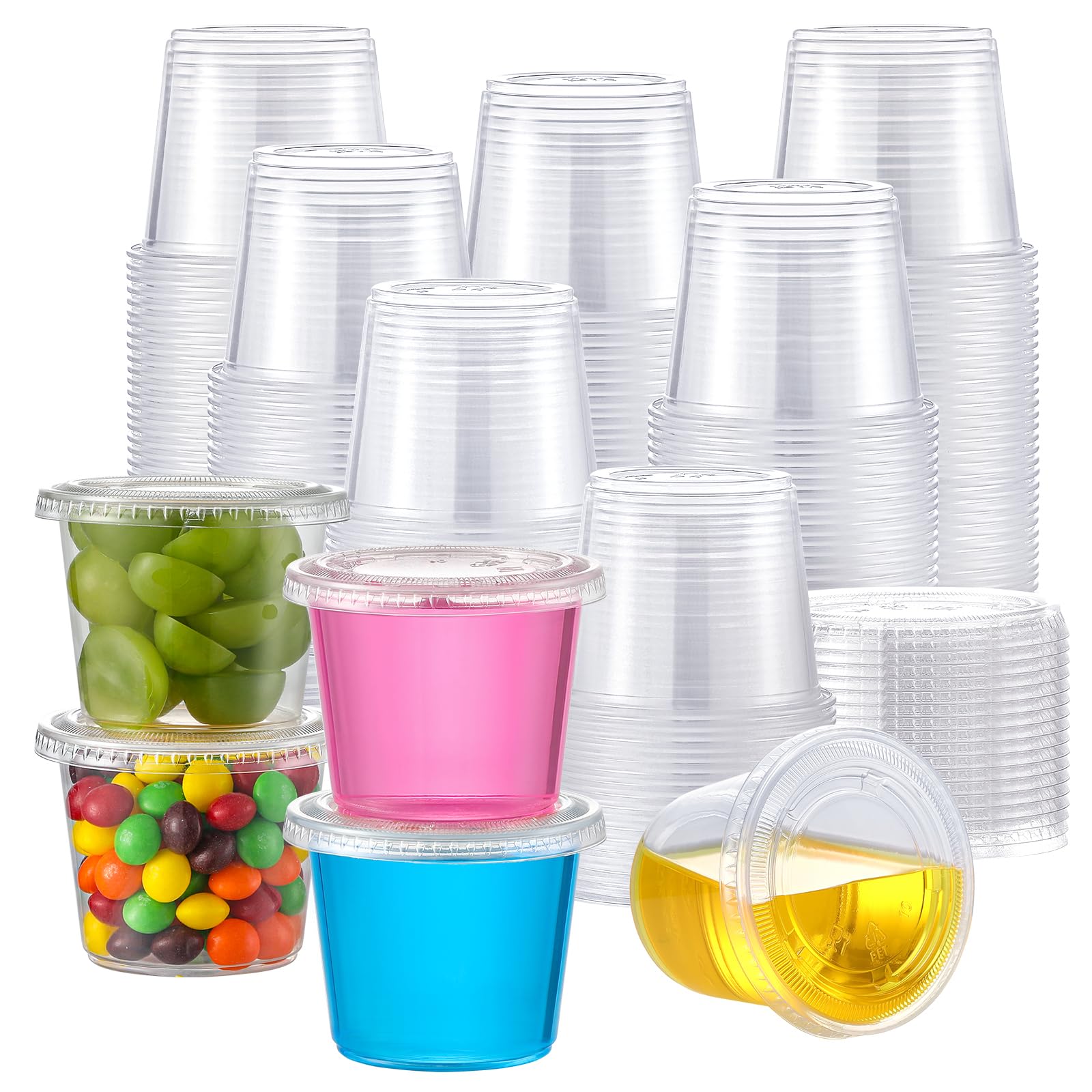 100 Sets - 5.5 oz Portion Cups With Lids, Jello Shot Cups, Small Plastic Containers, Airtight and Stackable Souffle Cups