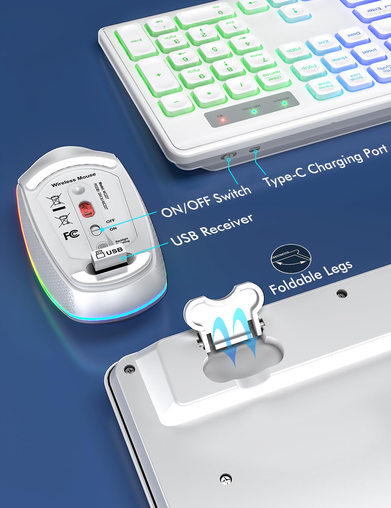Clavier et souris sans fil – Rétroéclairé RVB, lettres rechargeables et lumineuses, pleine taille, angle d'inclinaison ergonomique, mode veille, clavier silencieux 2,4 GHz pour Mac, Windows,