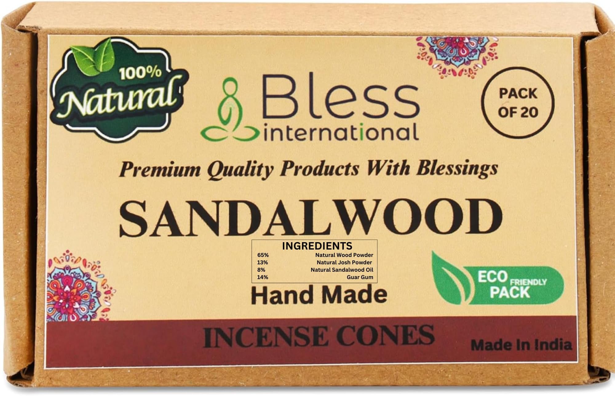 Bless International Sandalwood 100%-Natural-Incense-Cones Handmade-Hand-Dipped The-Best-scents 20 Count (Sandalwood)