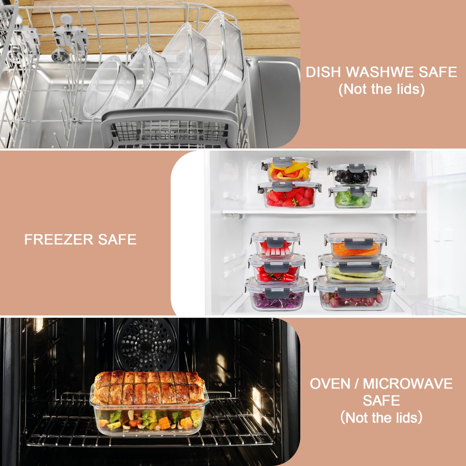 Skroam Contenitori per alimenti in vetro, confezione da 15, contenitori in vetro per la preparazione dei pasti, scatole bento per il pranzo, con coperchio a prova di perdite, per microonde,