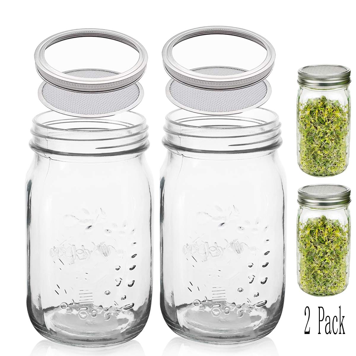 Buy 2 pack Mason Jar Wide Mouth Glass Sprouting Jars with Stainless