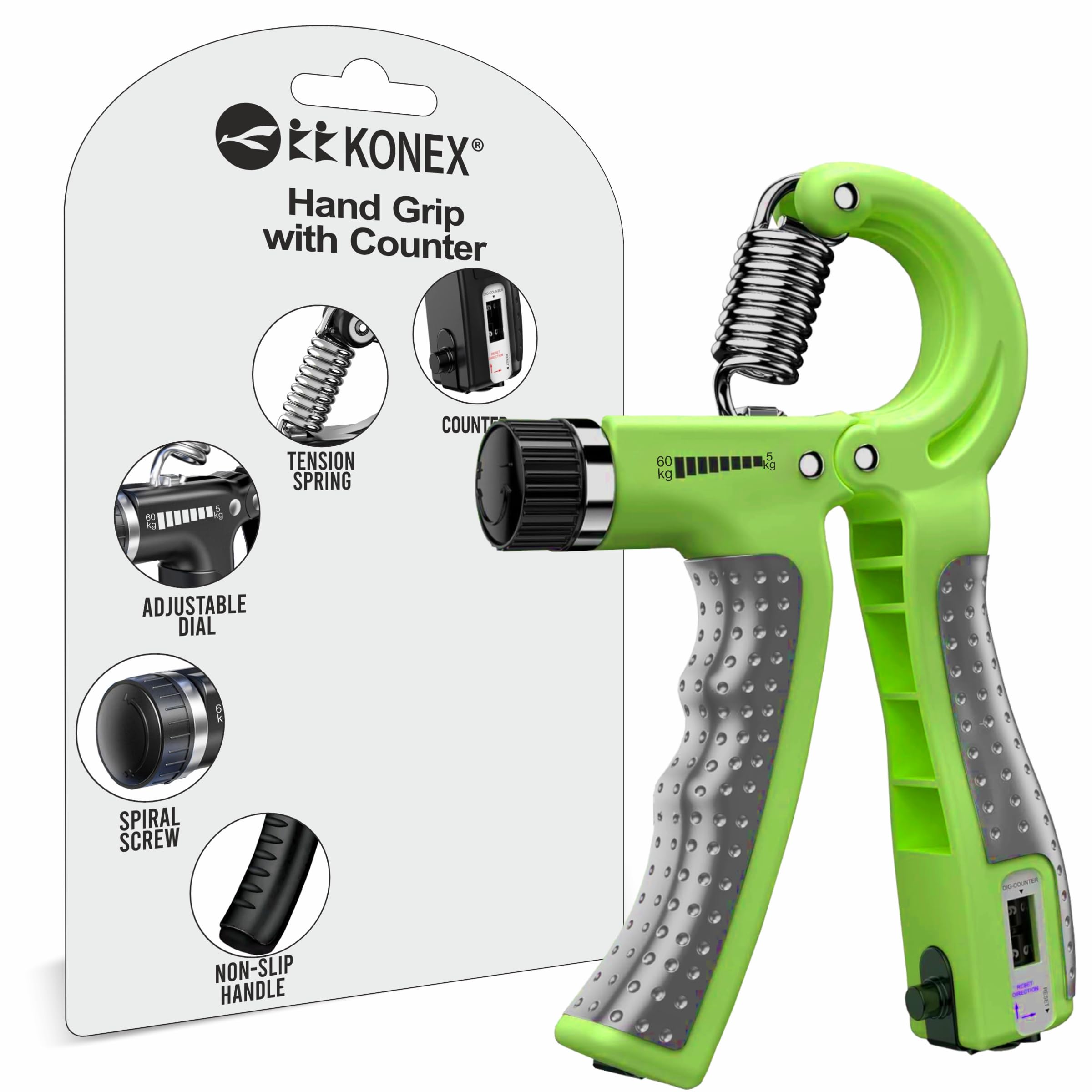 Konex Hand Gripper with Counter | 5-60 Kg Resistance | Anti-Slip Grip Strengthener | Genuine - Green