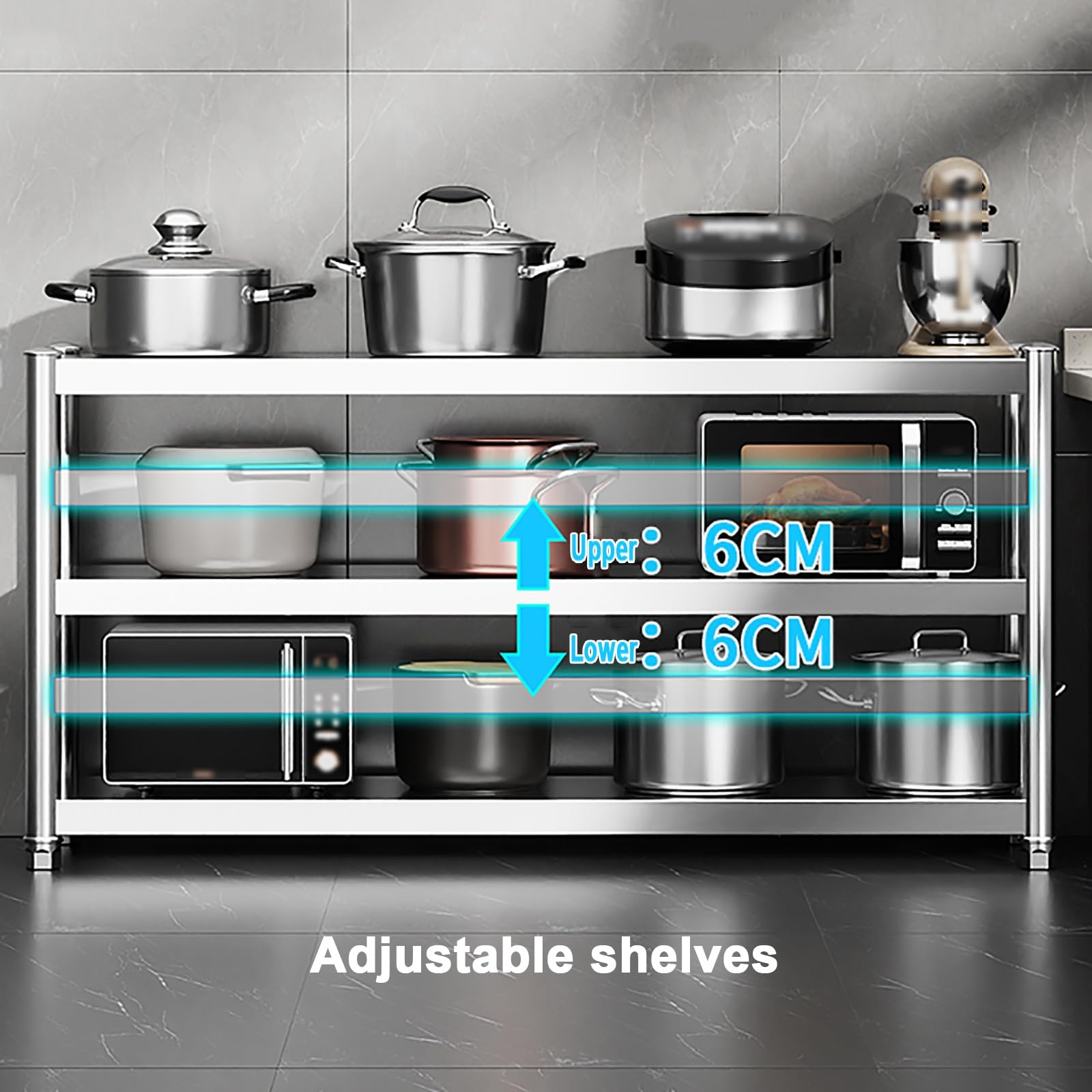 Tavolo da cucina a isola in acciaio inox, a 3 ripiani, con contenitore, tavolino per forno a microonde, per sala da pranzo e preparazione di cibi (120 x 35 x 90 cm)