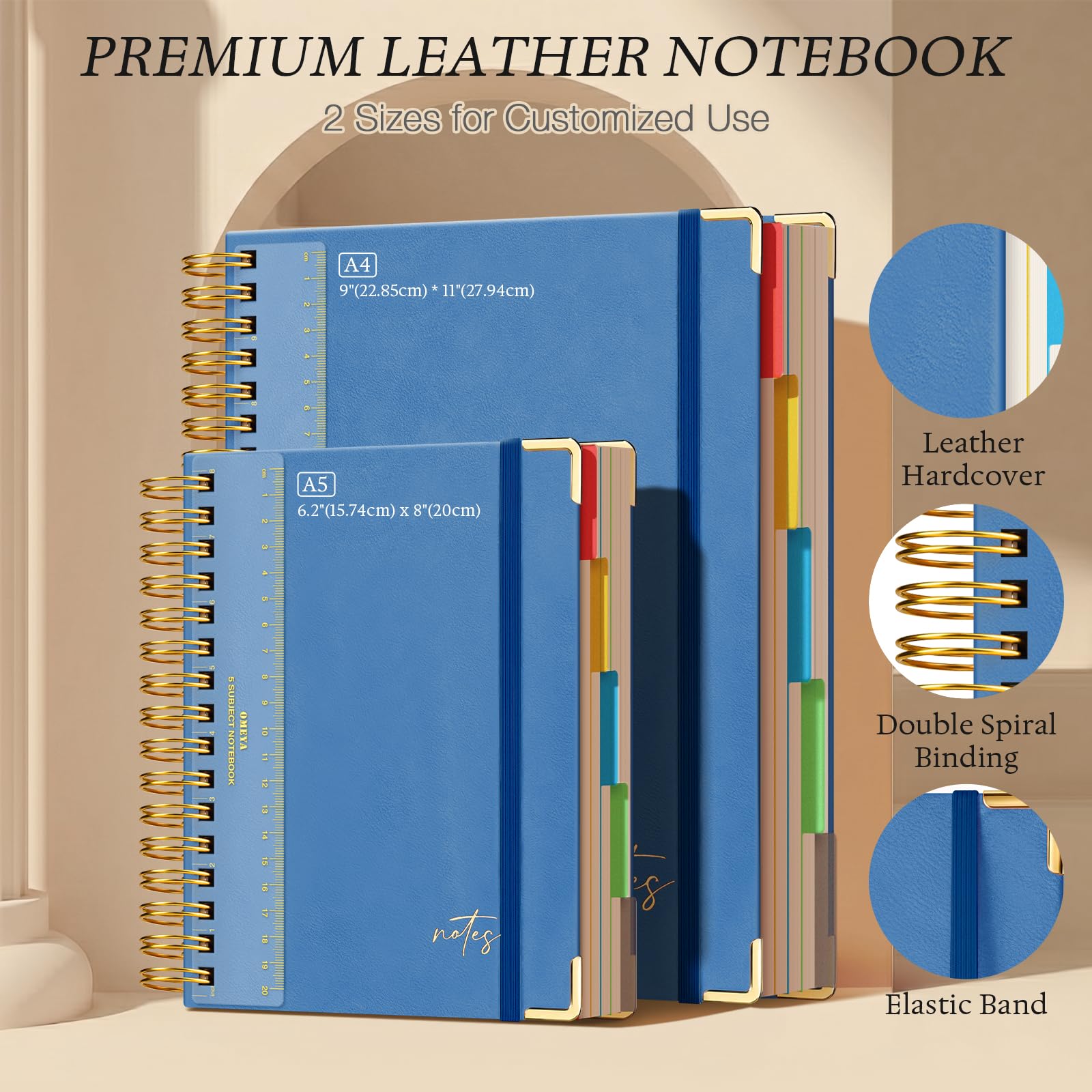 Taccuino a spirale con copertina rigida, 21,6 x 28 cm, in pelle, 5 quaderni a righe per università con divisori tascabili e righello, 300 pagine, 100 g/m², diario di scrittura spesso per donne, grandi